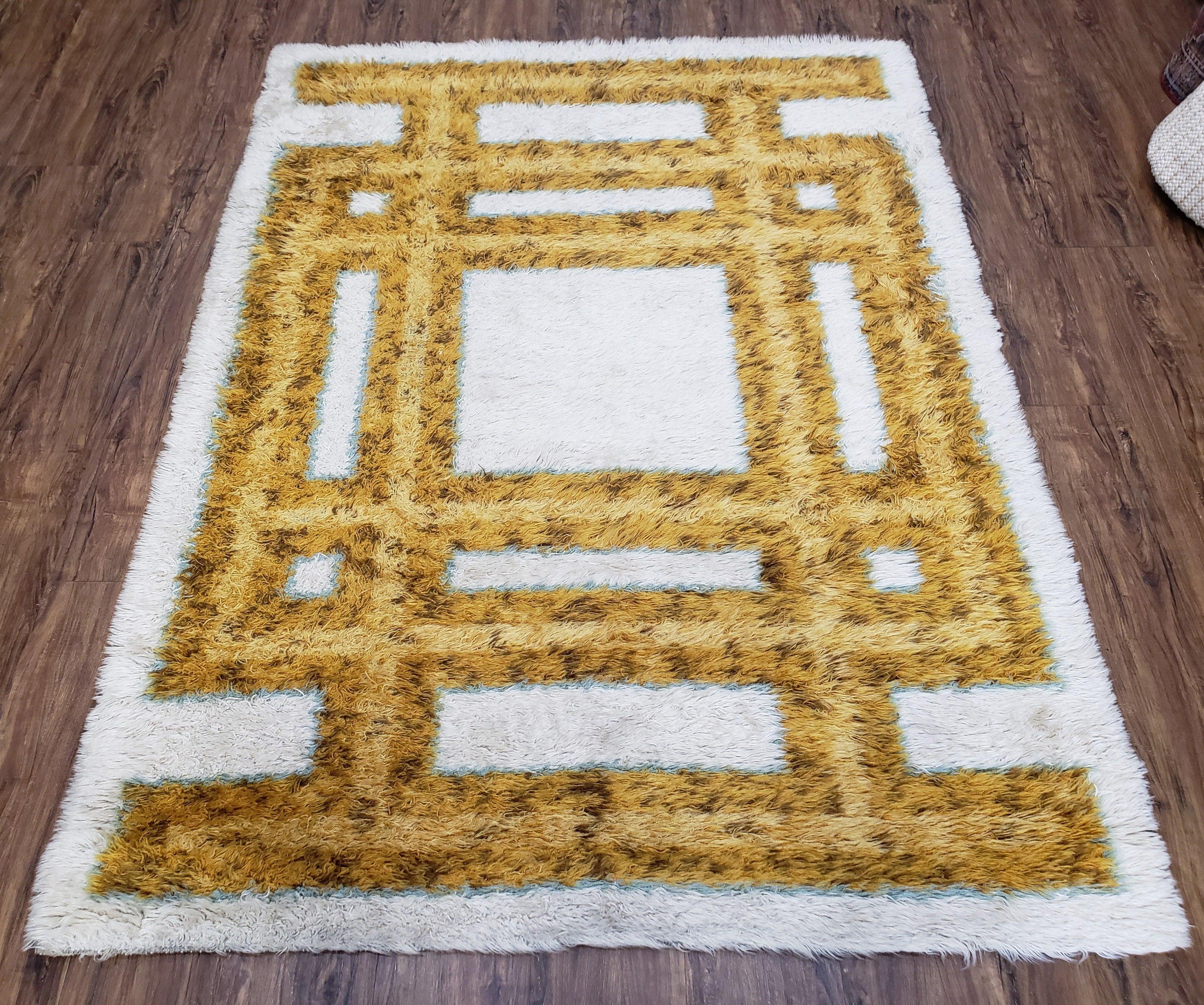 Mid-Century Danish Shag Rug 4.9 x 6.4, Ivory & Gold Vintage Shag Rug, Modern Carpet, Soft Wool High Pile Rug, 1960s Rya Style Contempory Rug - Jewel Rugs