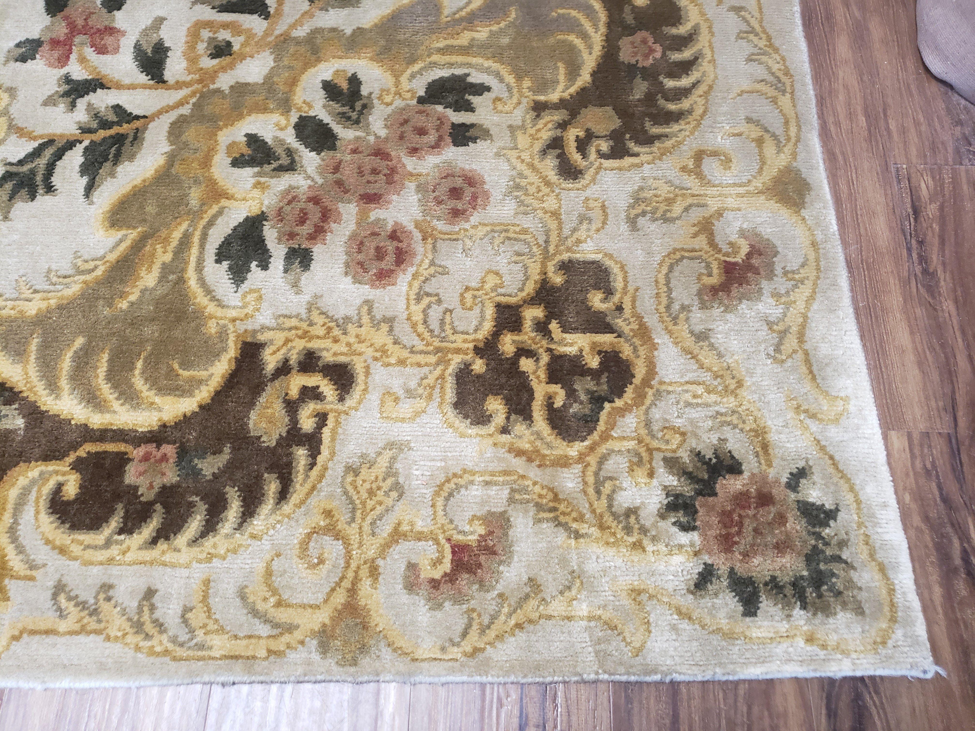 Aubusson Rug 10x14, Elegant French European Design, Vintage Handmade Carpet with Pile, Beige Floral Dining Room Rug, Living Room, Soft Wool - Jewel Rugs