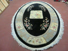 5' X 8' Vintage Handmade Chinese Art Deco Oval Wool Rug 90 Lines Black Carpet with Gray/Beige Border - Jewel Rugs