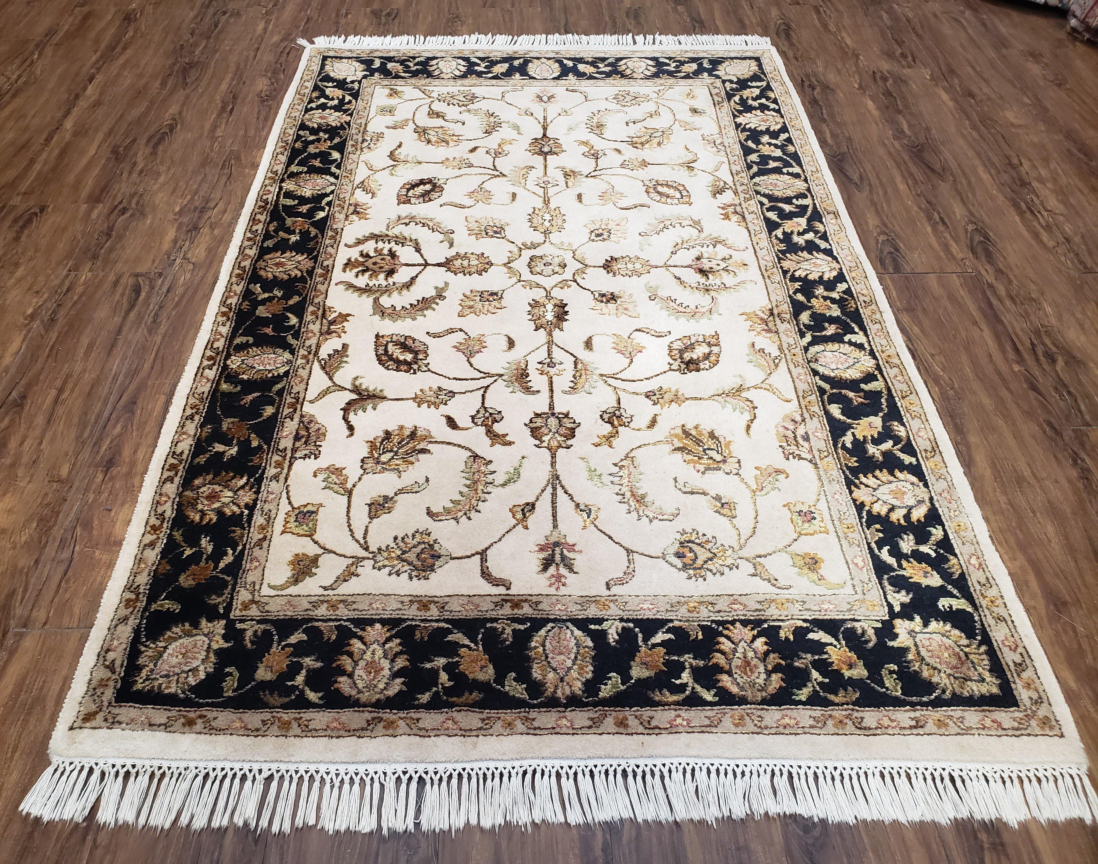 Pak Persian Rug 4x6 ft, Wool Rug with Silk Highlights, Pakistani Carpet 4 x 6, Ivory Black and Gold Rug, Allover Floral Pattern, Quality Rug - Jewel Rugs