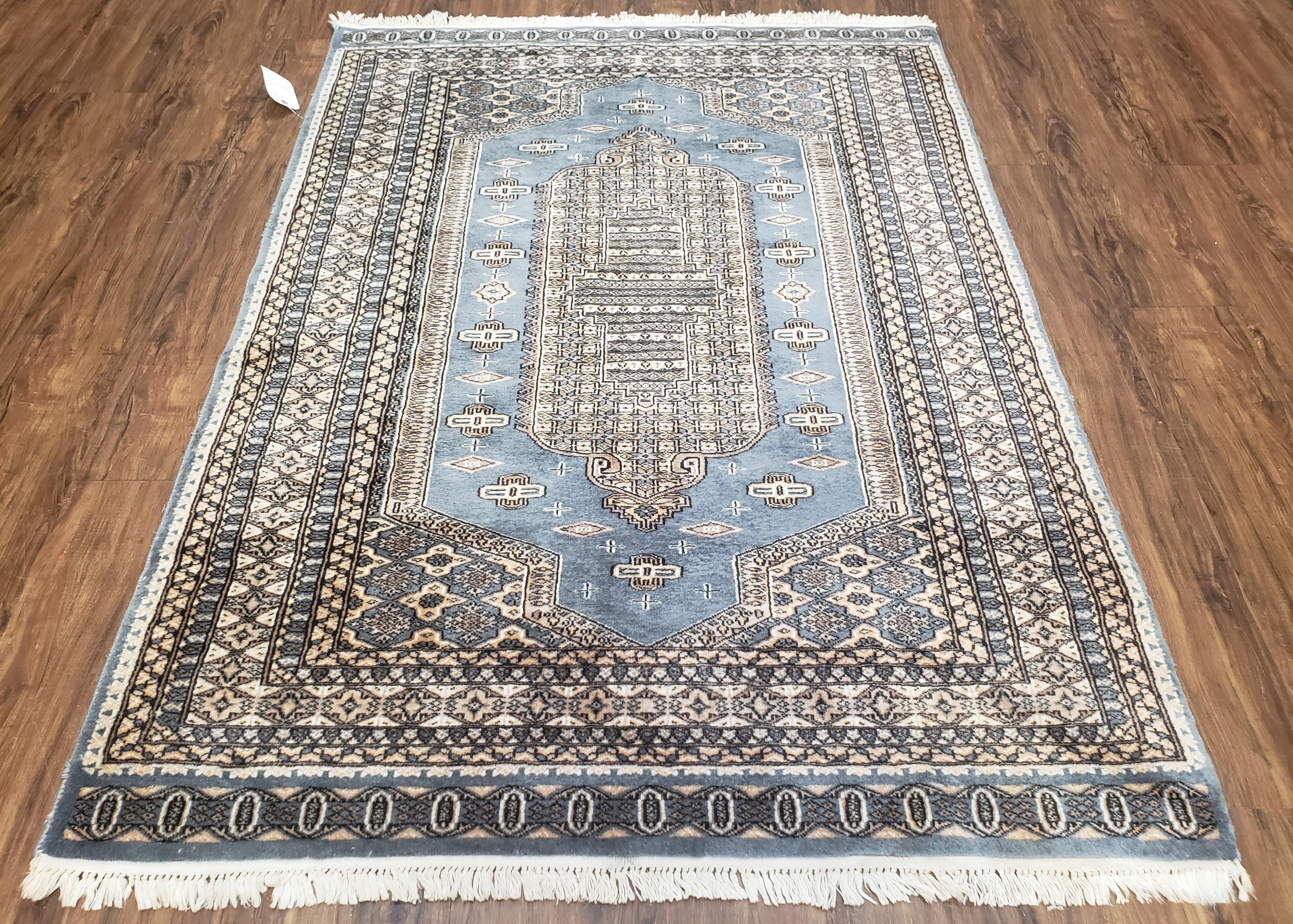 Pakistani Turkoman Rug, 4x6 Rug, Handmade Wool Area Rug, Pigeon Blue and Cream, Vintage Bokhara Rug, Small Hand Knotted Oriental Carpet - Jewel Rugs