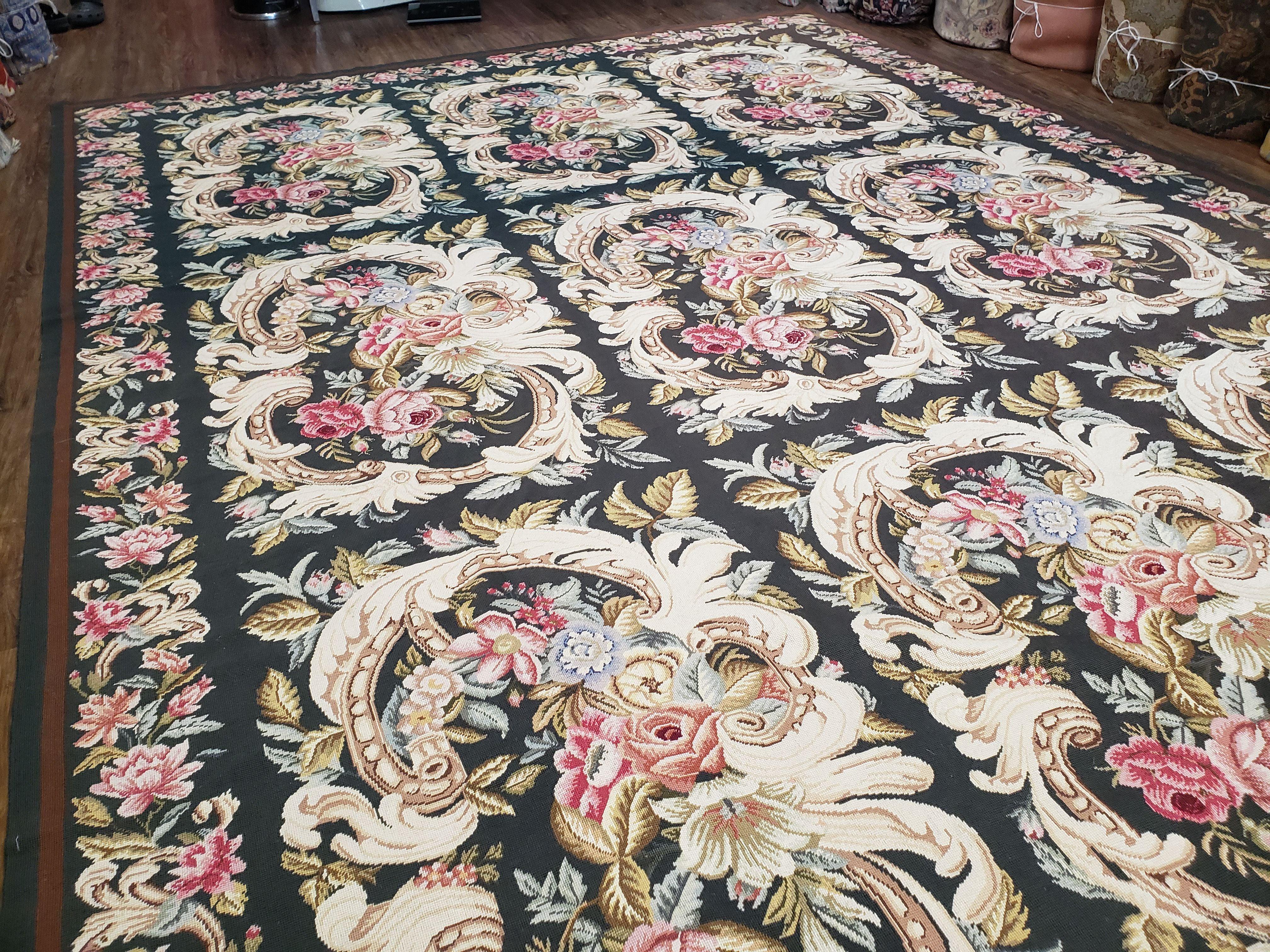 Vintage William Morris Flatweave Needlepoint Rug, Large Floral Panel Design, Handmade, Arts & Crafts/Mission Patern, Dark Green, Wool, 10x13 - Jewel Rugs