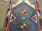 2' 6" X 4' Vintage Handmade Turkish Kazak Pattern Wool Rug Blue Beige and Red Accent Rug - Jewel Rugs