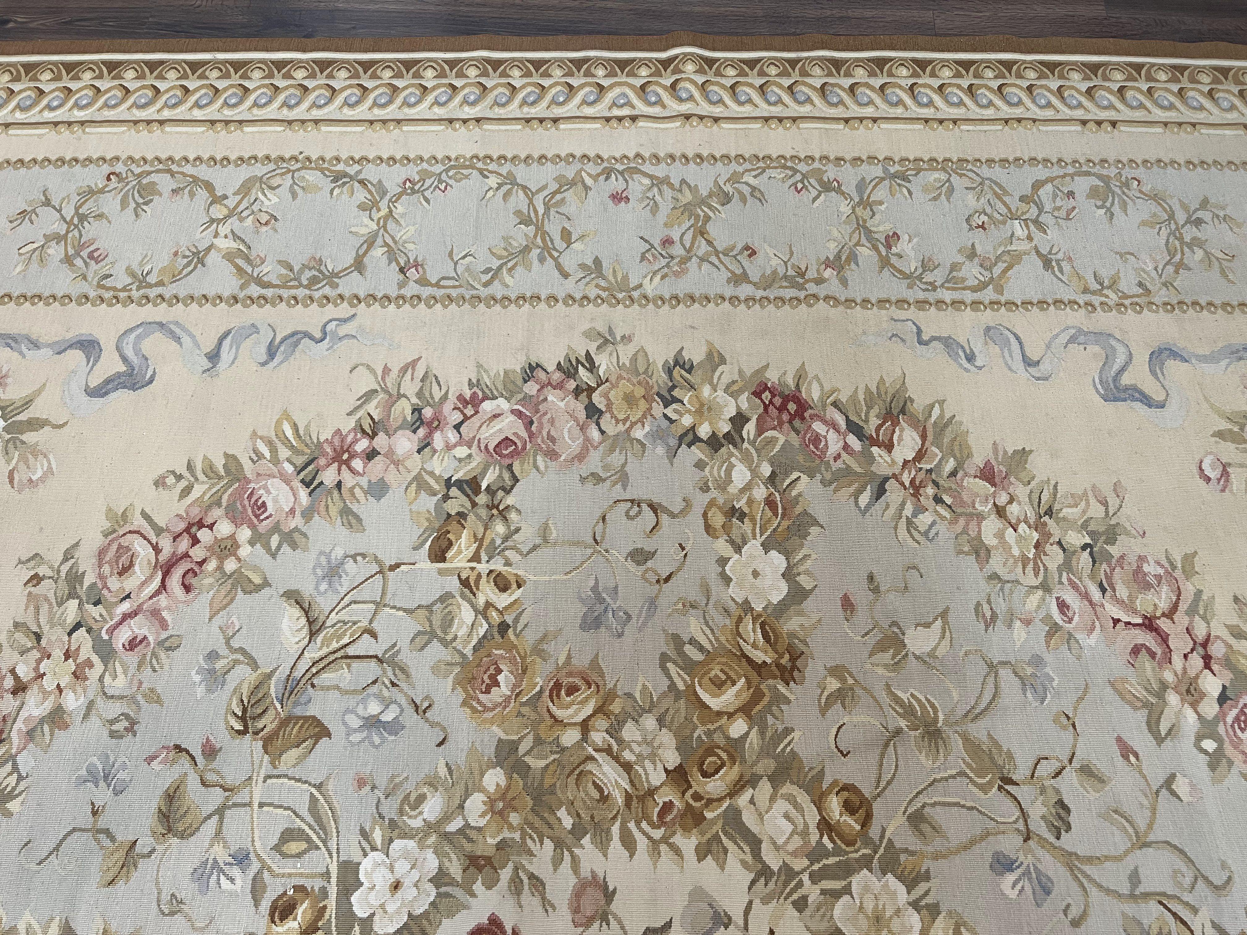 Aubusson Savonnerie Rug 8x10, Vintage French Aubusson Wool Carpet 8 x 10, Hand Woven, Cream and Light Blue, Flatweave, Elegant Floral Rug - Jewel Rugs