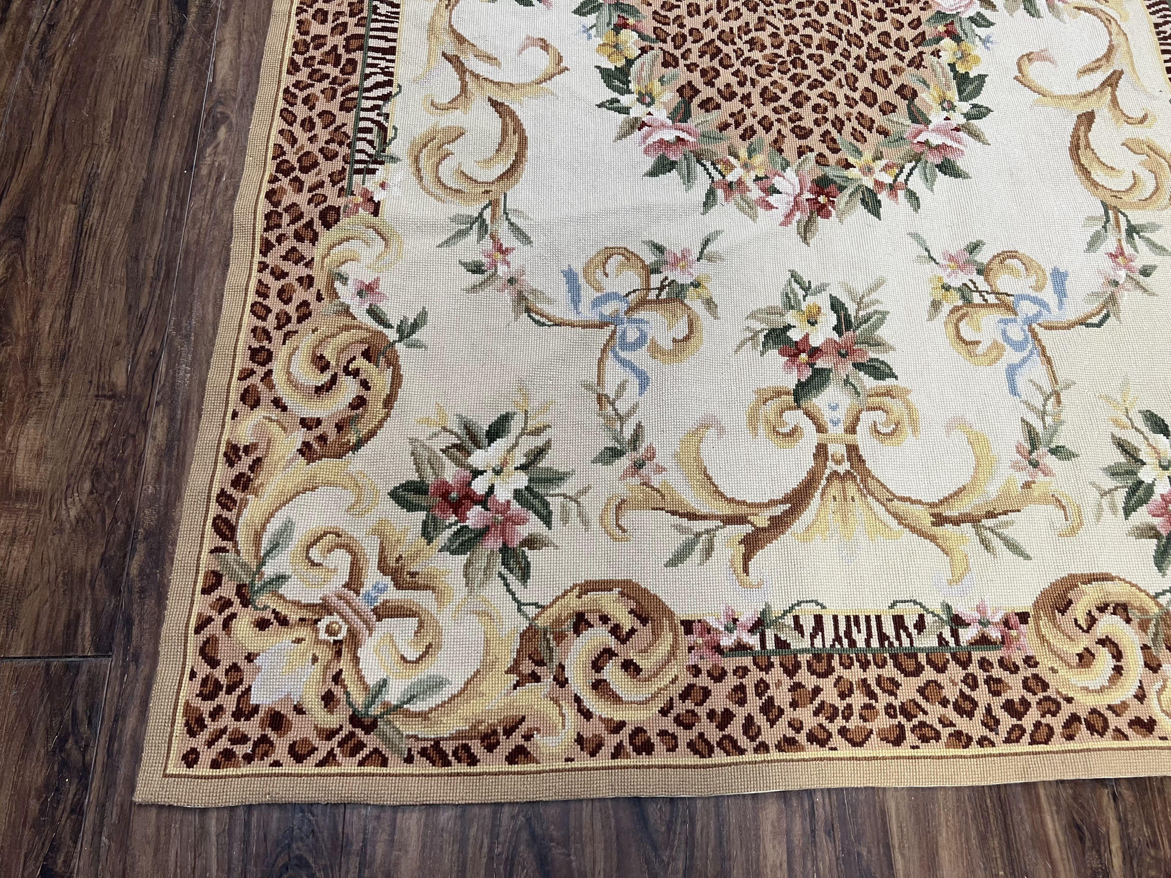 Needlepoint Rug 4x6 European Carpet, Leopard Print Rug, French Aubusson Savonnerie Design, Elegant Rug, Flatweave Rug, Wool Hand-Woven Ivory - Jewel Rugs