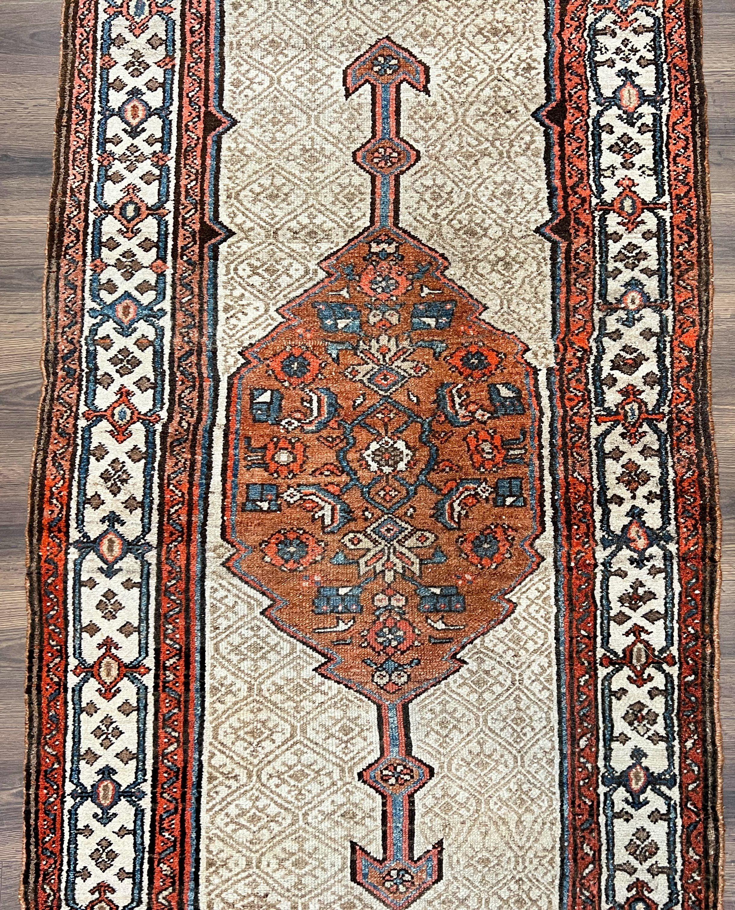 Rare Persian Tribal Runner Rug 3.5 x 10, Sarab Serab Kalegy Carpet, Antique 1920s Collectible Geometric Medallion Oriental Wool Runner, Hand Knotted, Camel Hair Color - Jewel Rugs