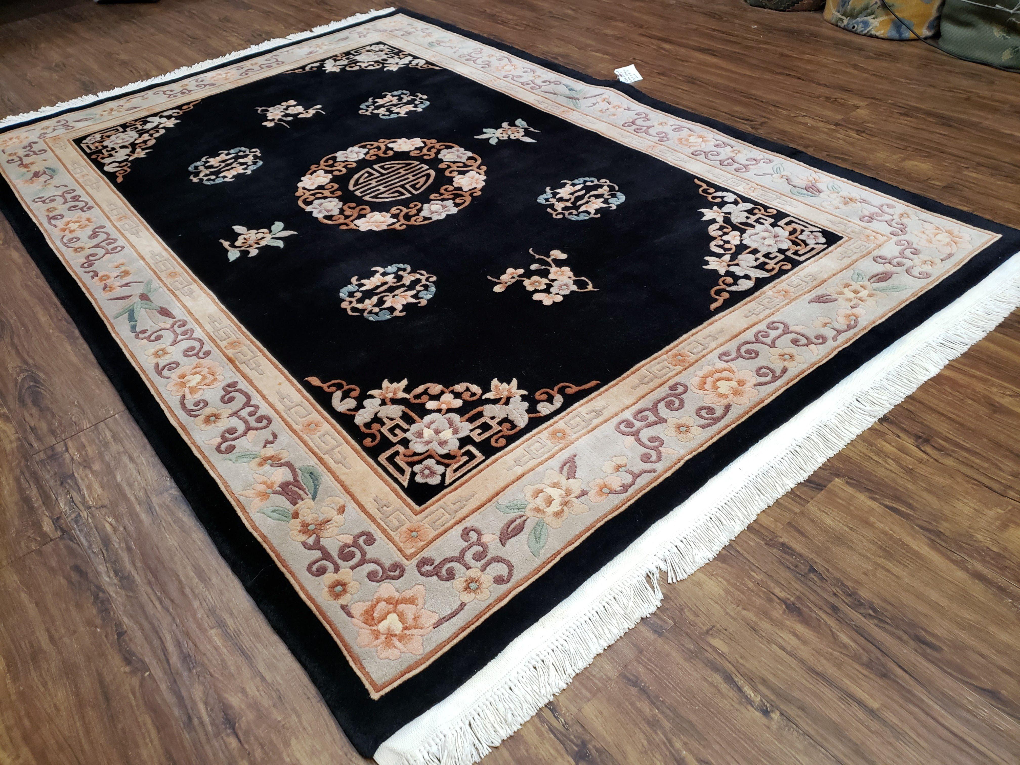 Vintage Chinese Art Deco Area Rug 5' 7" x 8' 3", Black & Gray Hand-Knotted Wool Carpet, Traditional Asian/Oriental Carpet, Flowers Soft Pile - Jewel Rugs