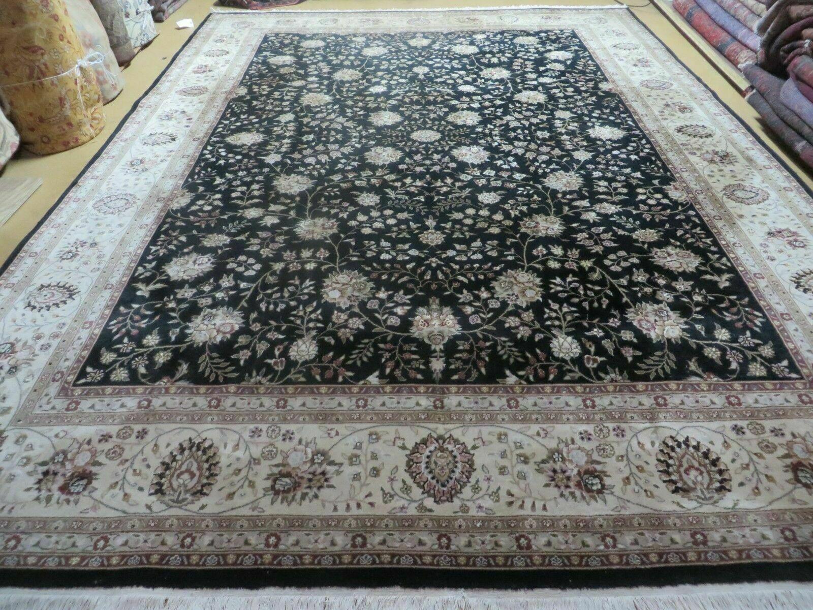 9' X 12' Vintage Handmade Chinese Allover Oriental Wool & Silk Black and Beige Border Area Rug - Jewel Rugs