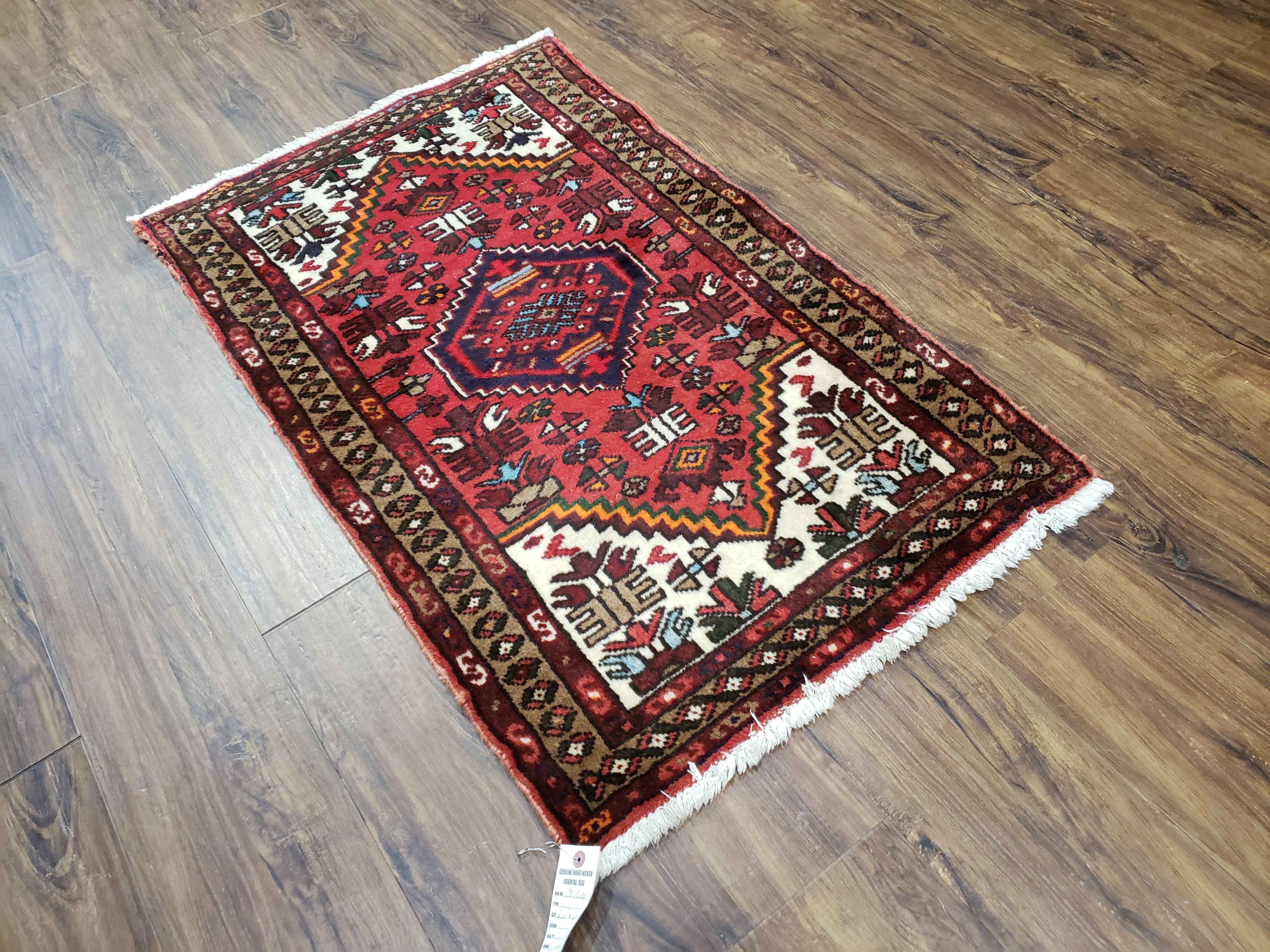 Small Antique Persian Hamadan Rug 2x4, Tribal, Hand-Knotted, Wool, Red & Ivory - Jewel Rugs