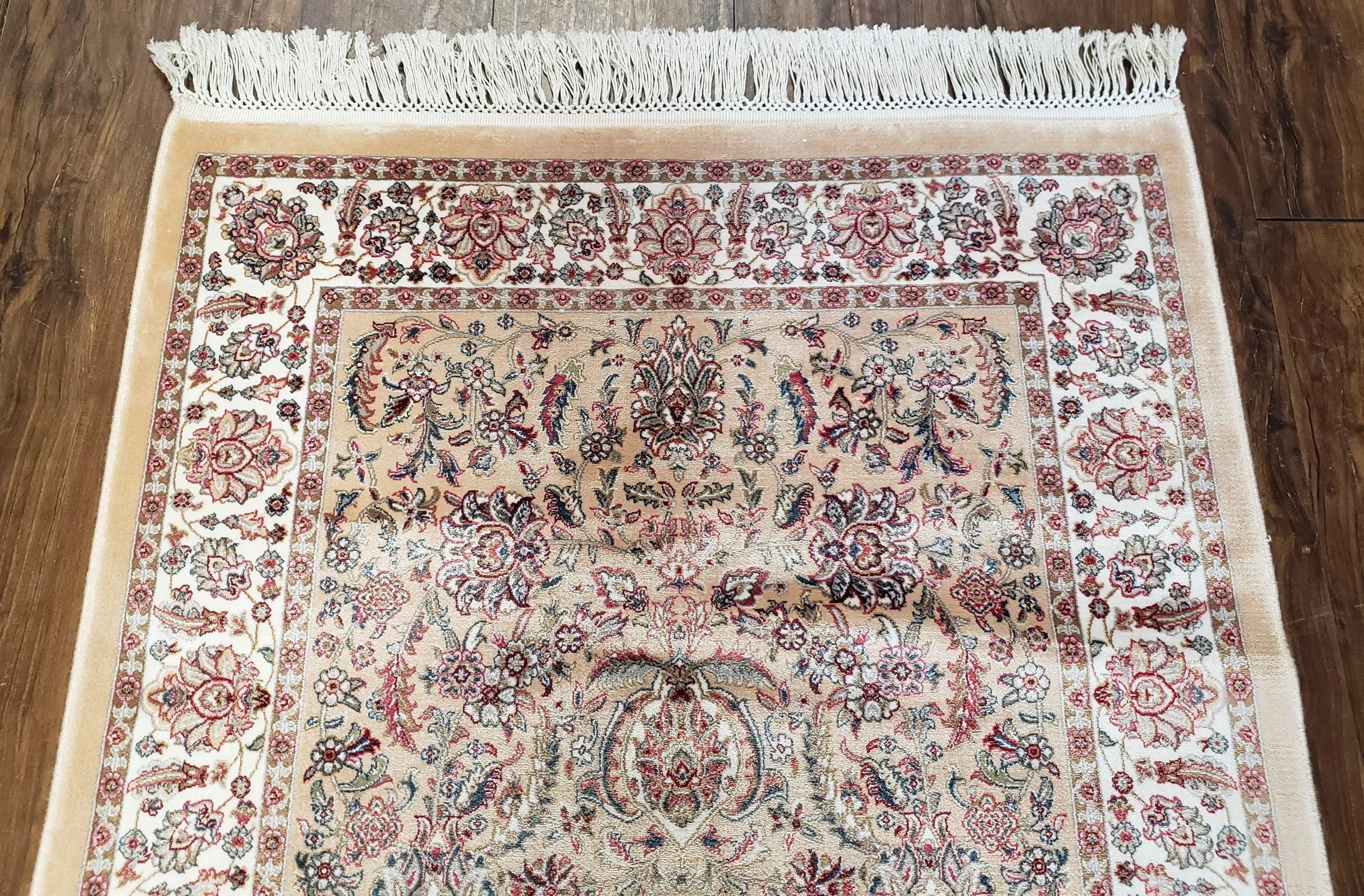 New Turkish Silk Carpet Small, 3x5, 2.5x5, Tan, Ivory, Cream, Bamboo Silk, Traditional Pattern, Accent Rug, 2' 8" x 4' 11" - Jewel Rugs