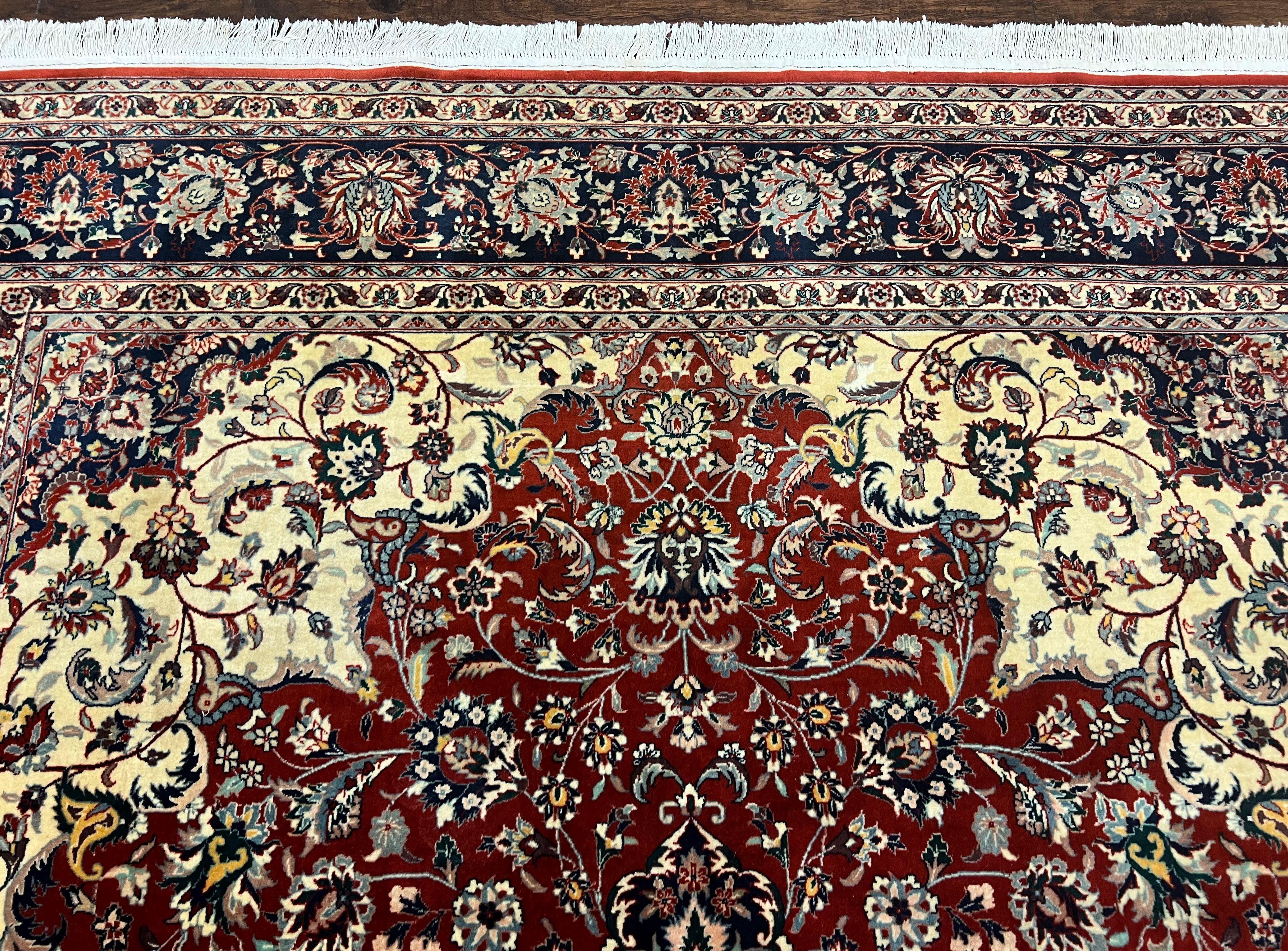 Fine Sino Persian Rug 7x10 ft, Floral Central Medallion Oriental Carpet, Red Navy Blue Cream, Hand Knotted Wool Traditional Vintage Rug - Jewel Rugs