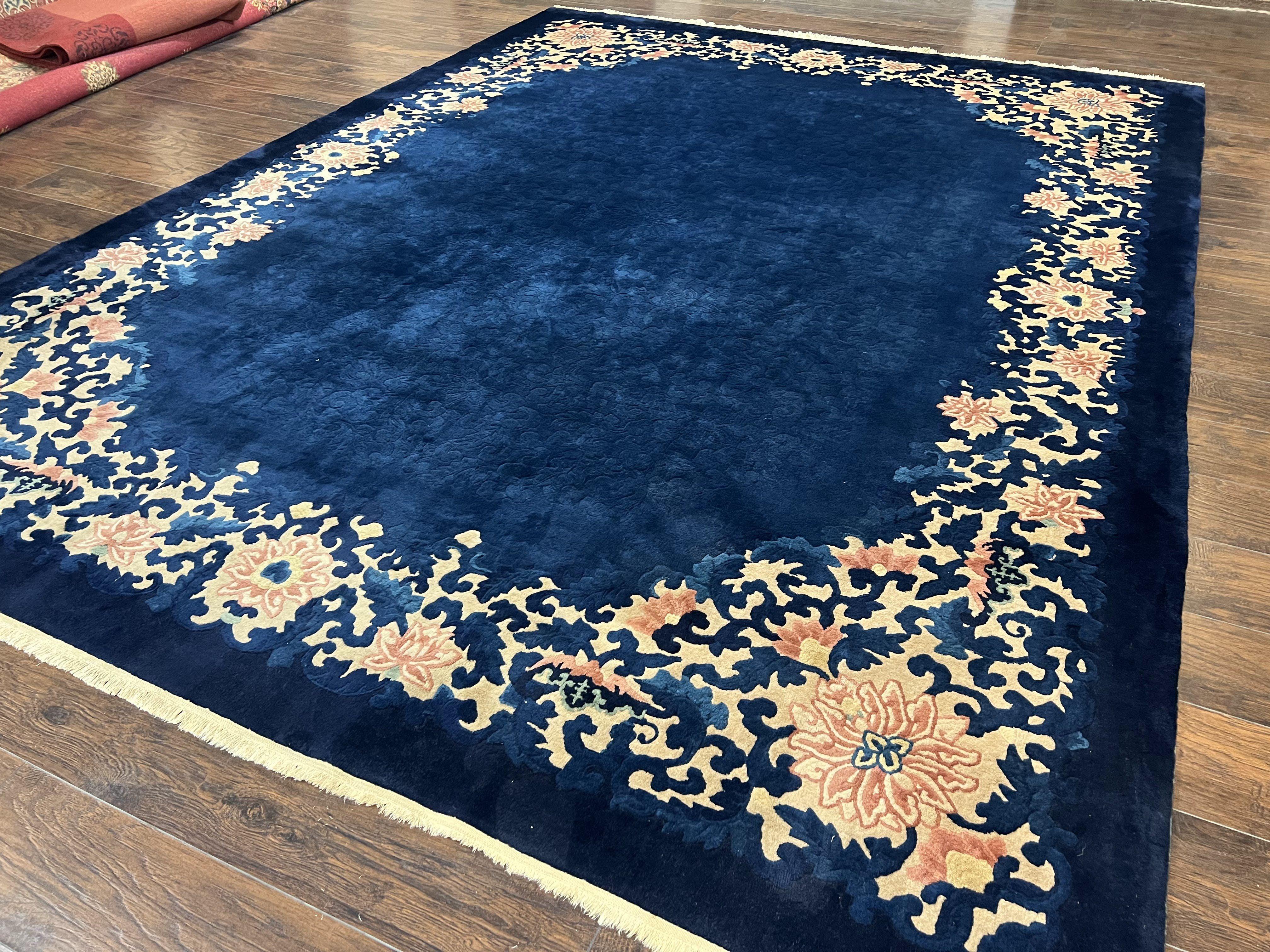 Chinese Art Deco Rug 9x12 Antique Rug 9 x 12 Nichol Rug, Peking Rug, Open Field Blue Chinese Carpet, Hand Knotted, Asian Oriental Rug Nice - Jewel Rugs