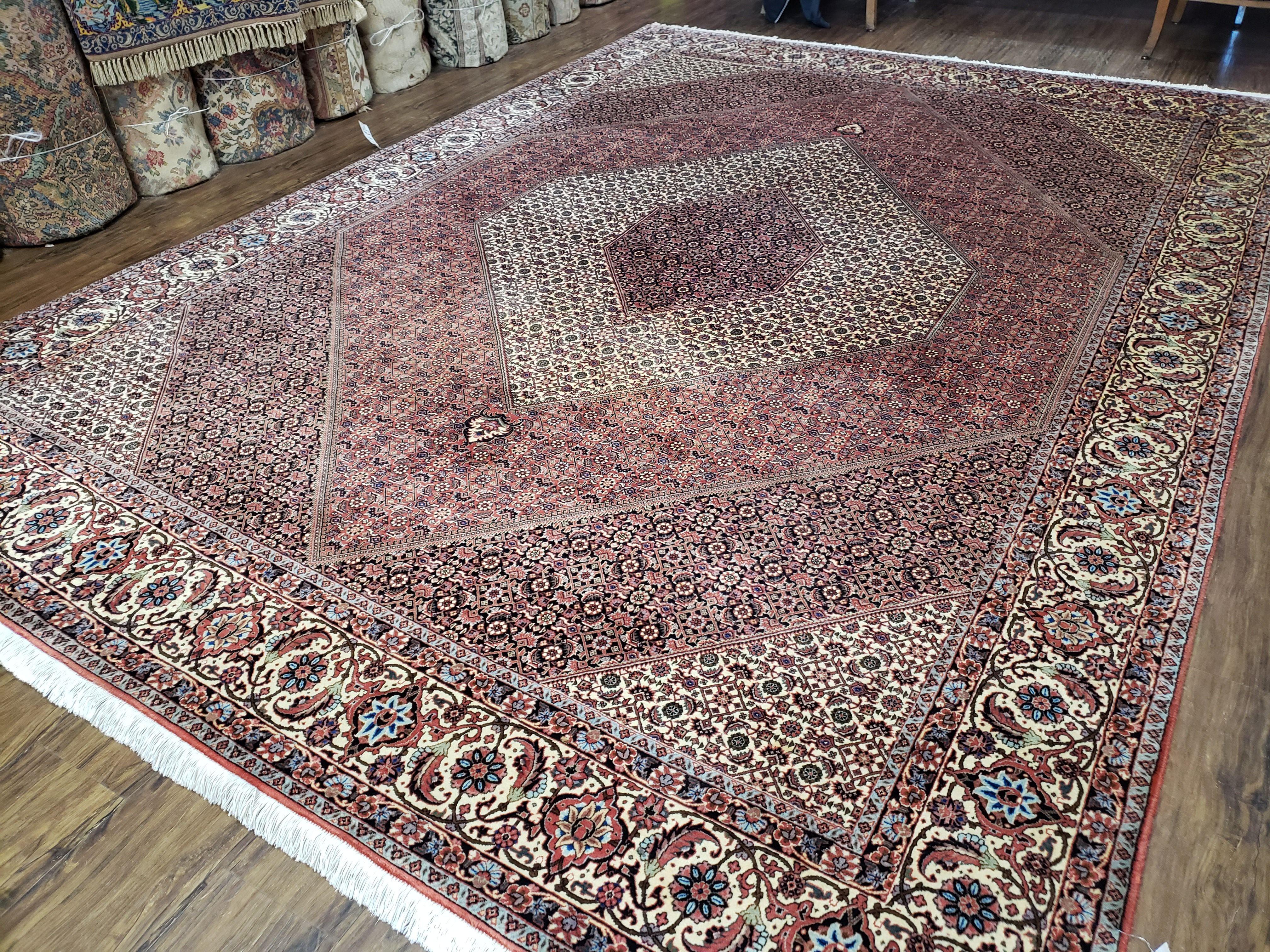 Stunning Persian Bidjar Rug 8x11 - Herati Mahi Pattern - High Quality Oriental Bijar Carpet - Vintage 8 x 11 Rug - Hand Knotted Wool Rug - Salmon Red Beige Black - Jewel Rugs