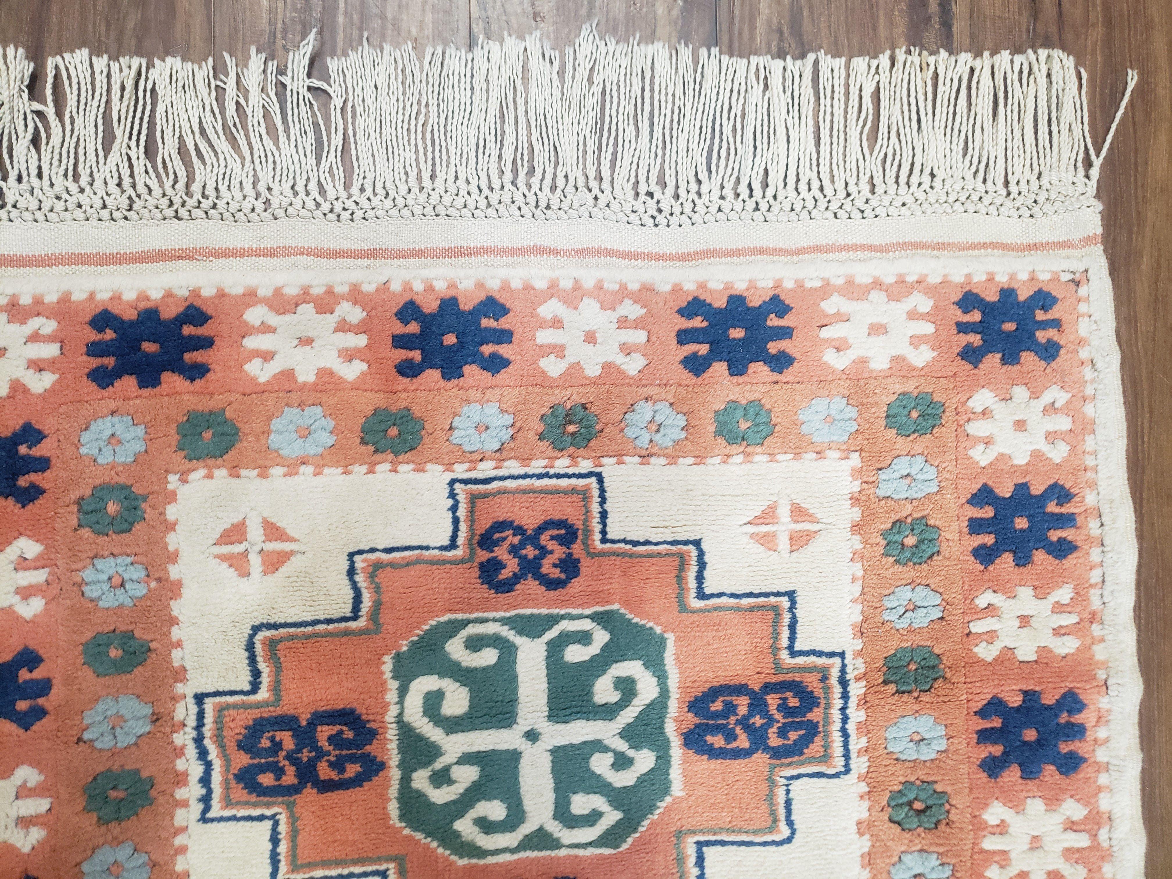 1960s Vintage Turkish Kazak Area Rug 3x5, Wool Hand-Knotted Ivory & Peach Tribal Style Carpet, 3 x 5 Soft Pile Living Room Carpet, Boho Rug - Jewel Rugs