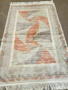 3' X 5' Handmade Modern Chinese Accent Rug - Silk on Cotton Carpet - Abstract Contemporary Design - Beige and Orange - Jewel Rugs