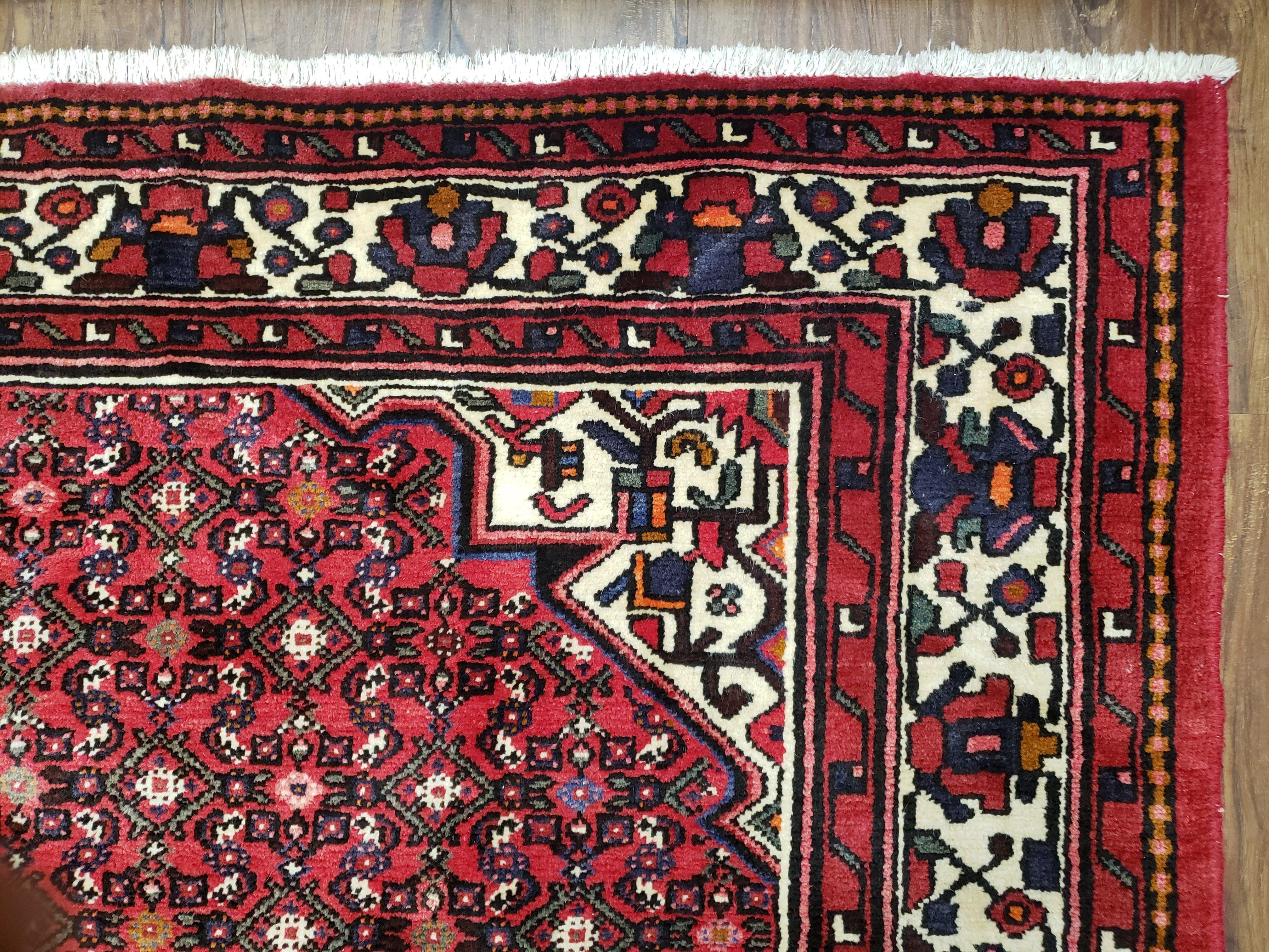 Vintage Persian Hamedan Rug, Angelas Mahi Pattern, Red, Wool, Hand-Knotted, 6'9" x 10' - Jewel Rugs