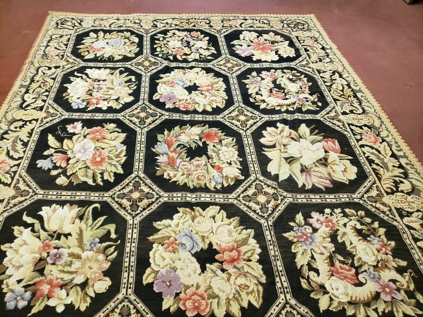 6' X 9' Vintage Handmade English Design Needlepoint Wool Rug Flat Weave Nice - Jewel Rugs