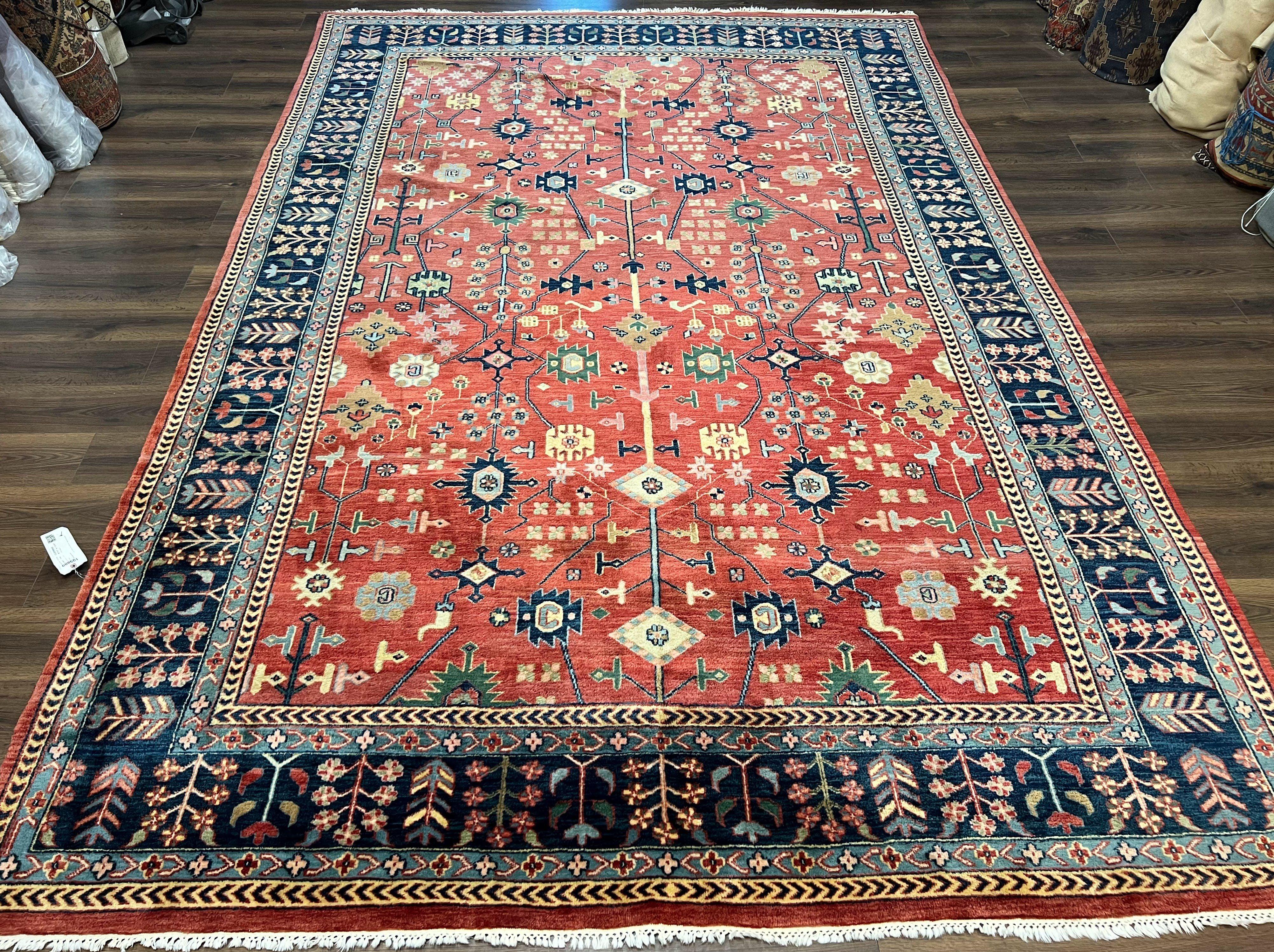 Indo Persian Heriz Rug 9 x 13 ft, Red and Navy Blue Oriental Carpet, Hand Knotted Wool Rug 9x13, Allover Pattern, Bohemian Rug, Living Room - Jewel Rugs