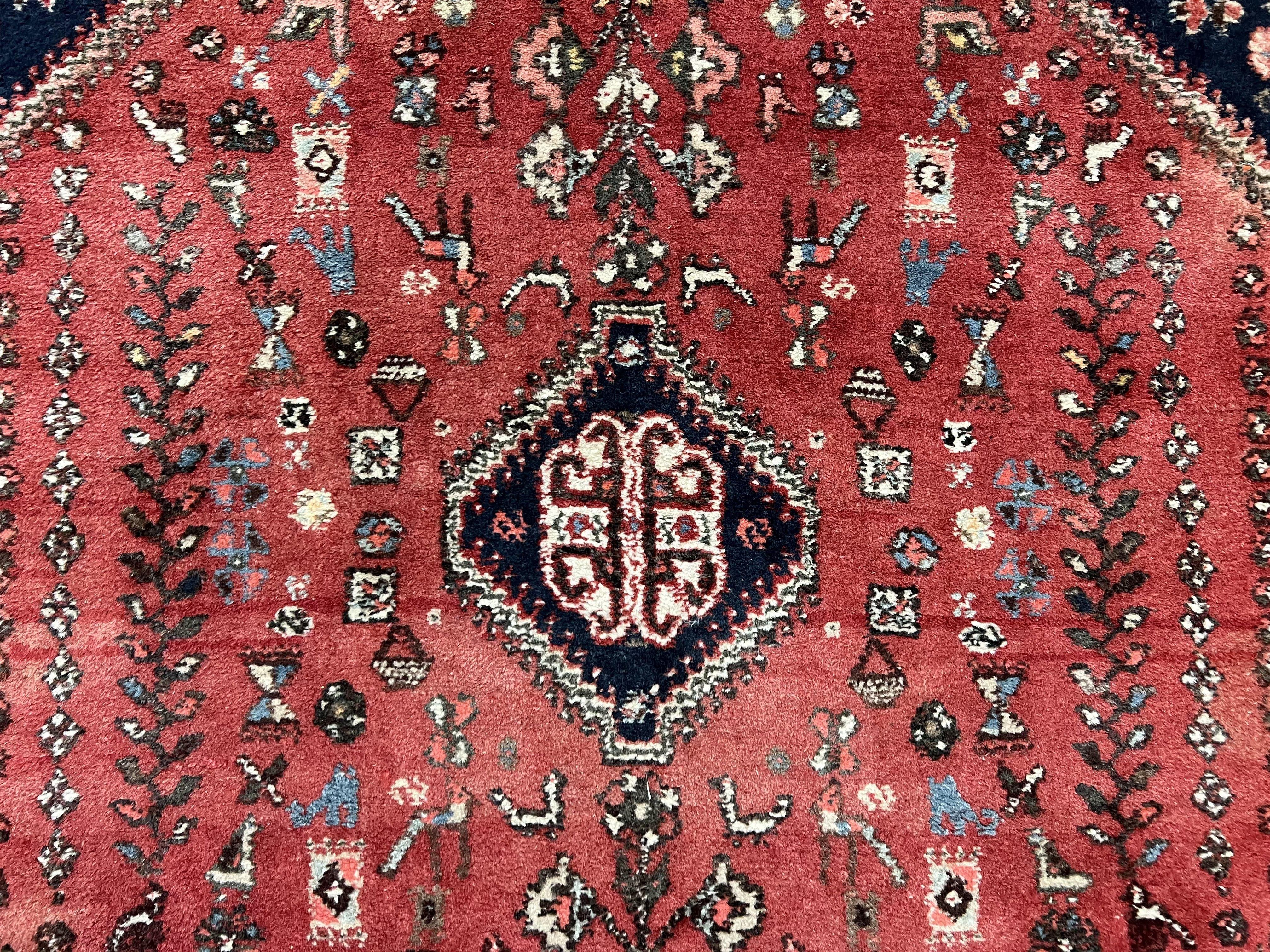 Persian Tribal Rug 3.6 x 5 ft, Persian Abadeh Rug, Geometric Medallion Bird Motifs, Red and Navy Blue Hand Knotted Handmade Wool Vintage Oriental Carpet - Jewel Rugs