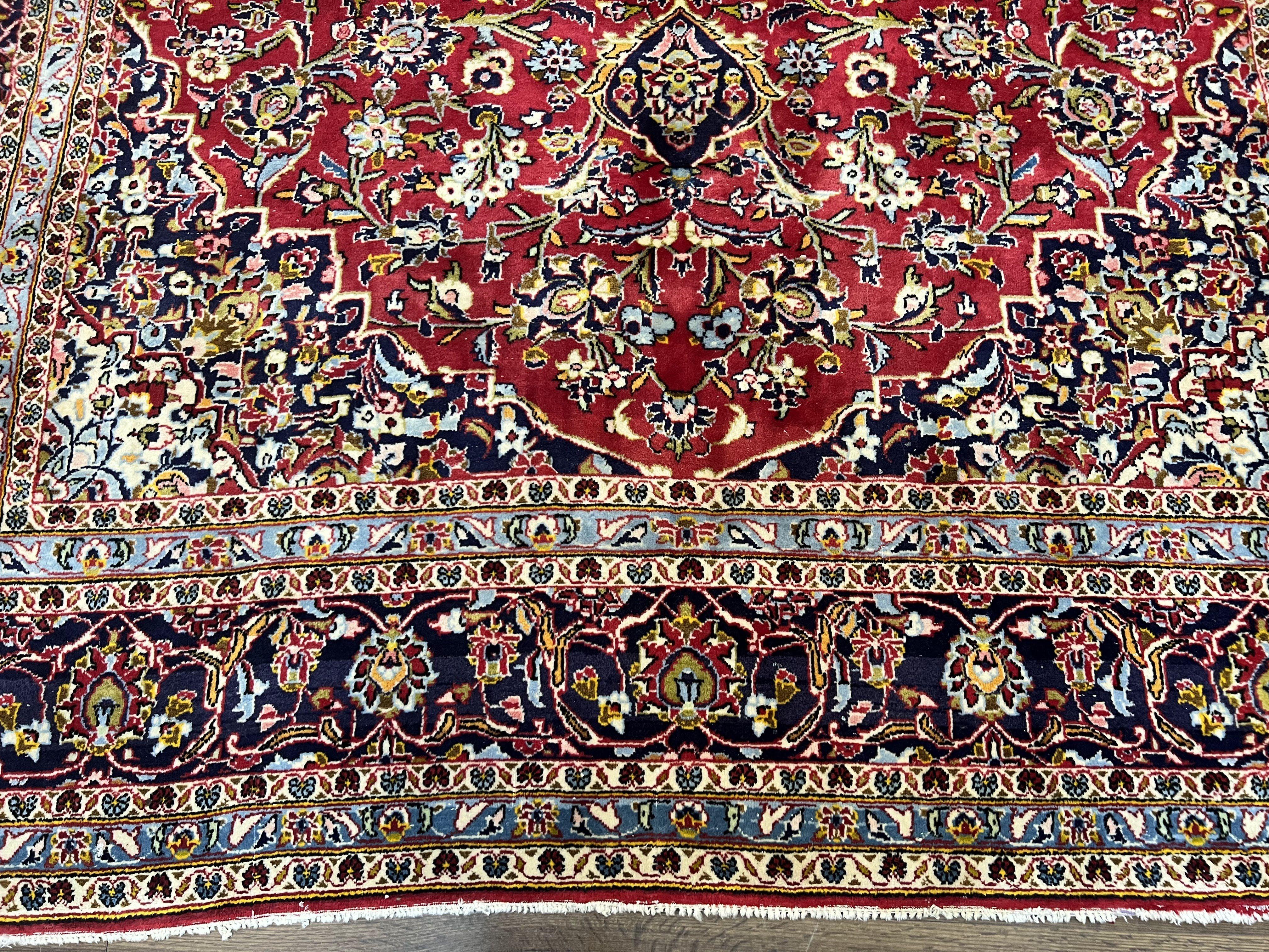 Persian Kashan Rug 9x12, Red Navy Blue, Allover Floral Medallion & Corner Design, Handmade Wool Oriental Carpet, Semi Antique Traditional Carpet - Jewel Rugs