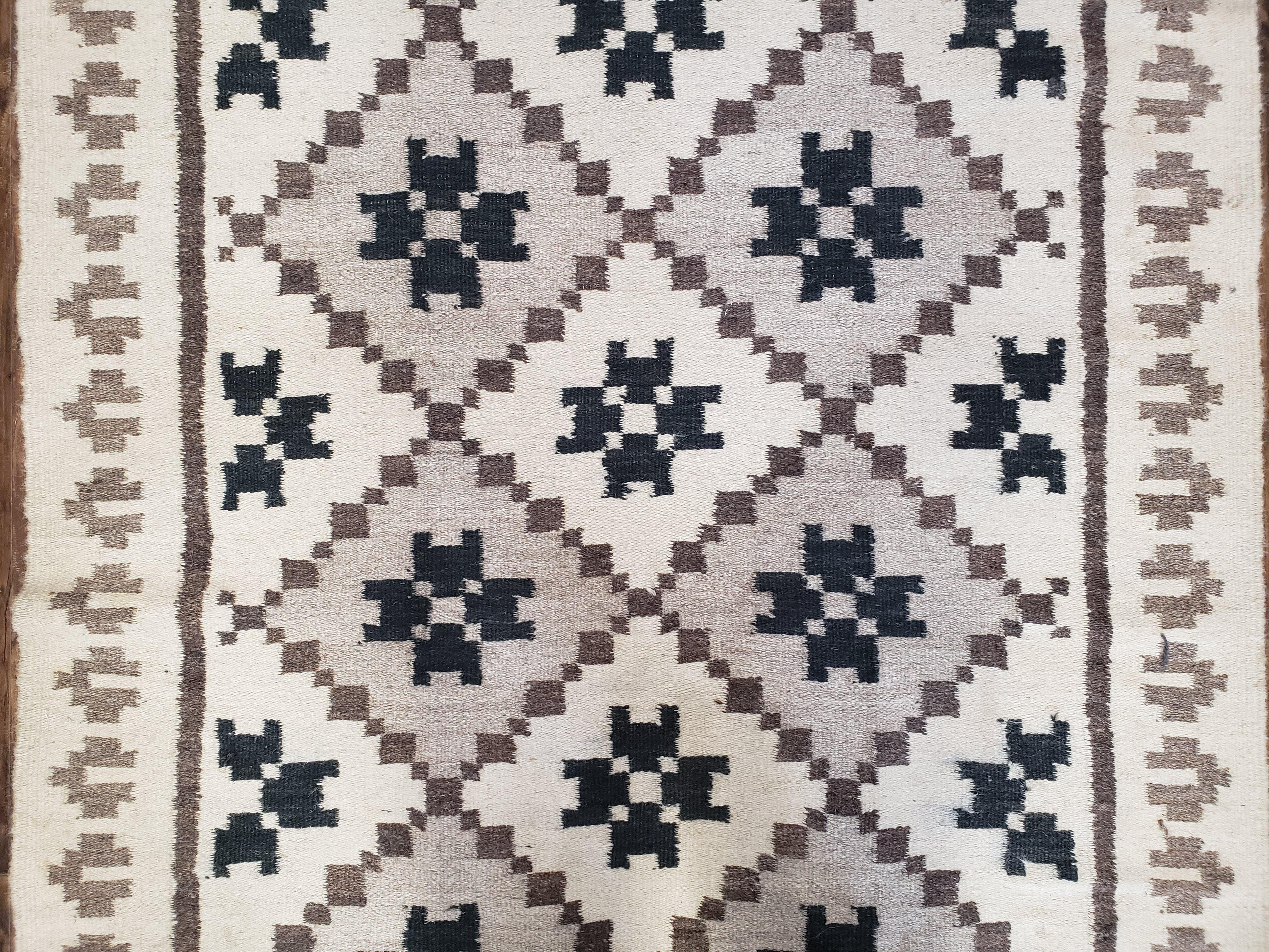 Semi Antique South American Blanket 4x8, Wool Hand-Woven Flatweave Kilim Rug, Handmade Antique Vintage Runner, Ivory & Blue, Diamond Panel - Jewel Rugs