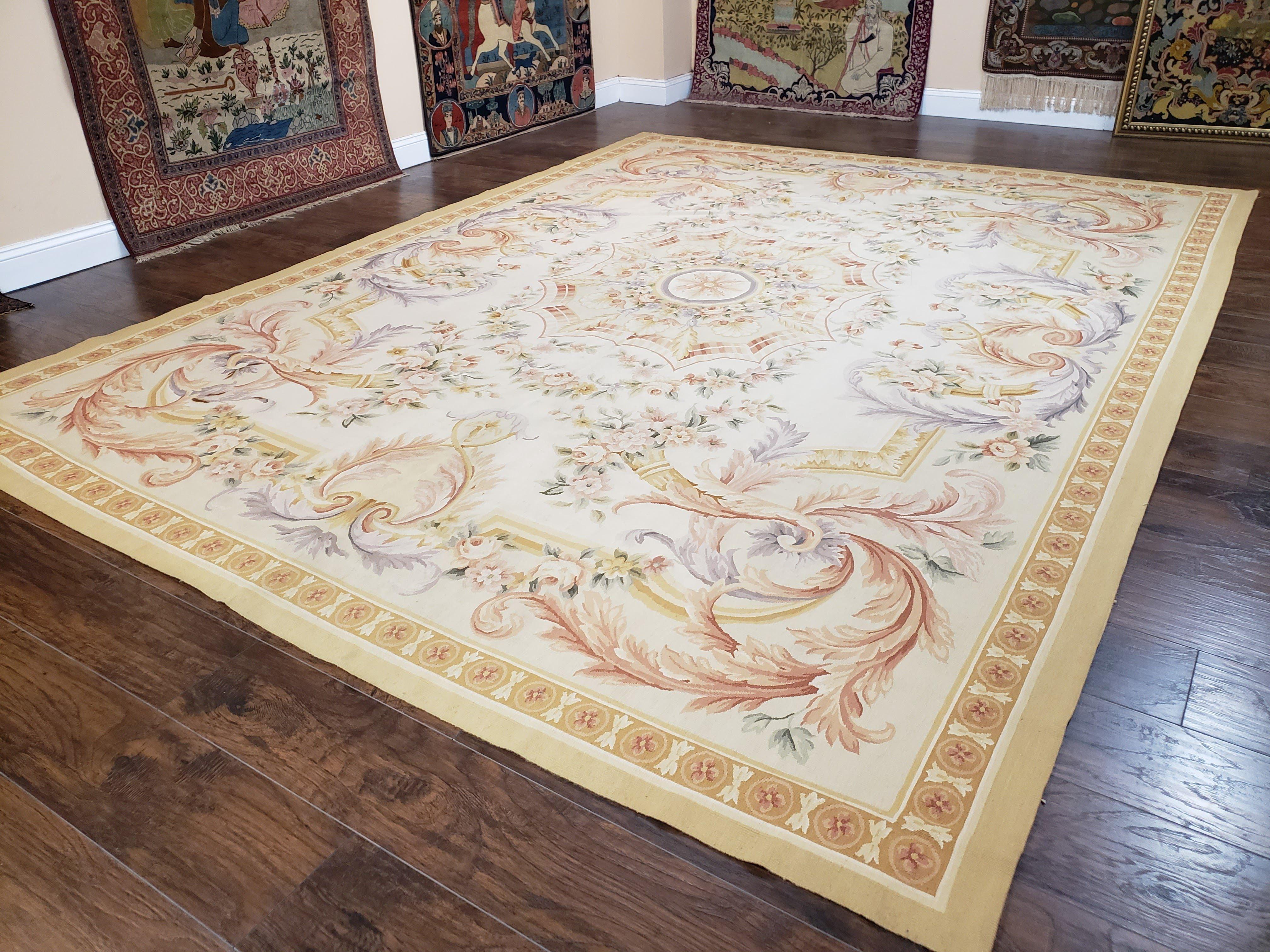 Aubusson Savonnerie Rug 9x12, European Design Elegant Aubusson Carpet, Handmade Hand Woven Floral Flatweave Chinese Aubusson Wool Area Rug - Jewel Rugs