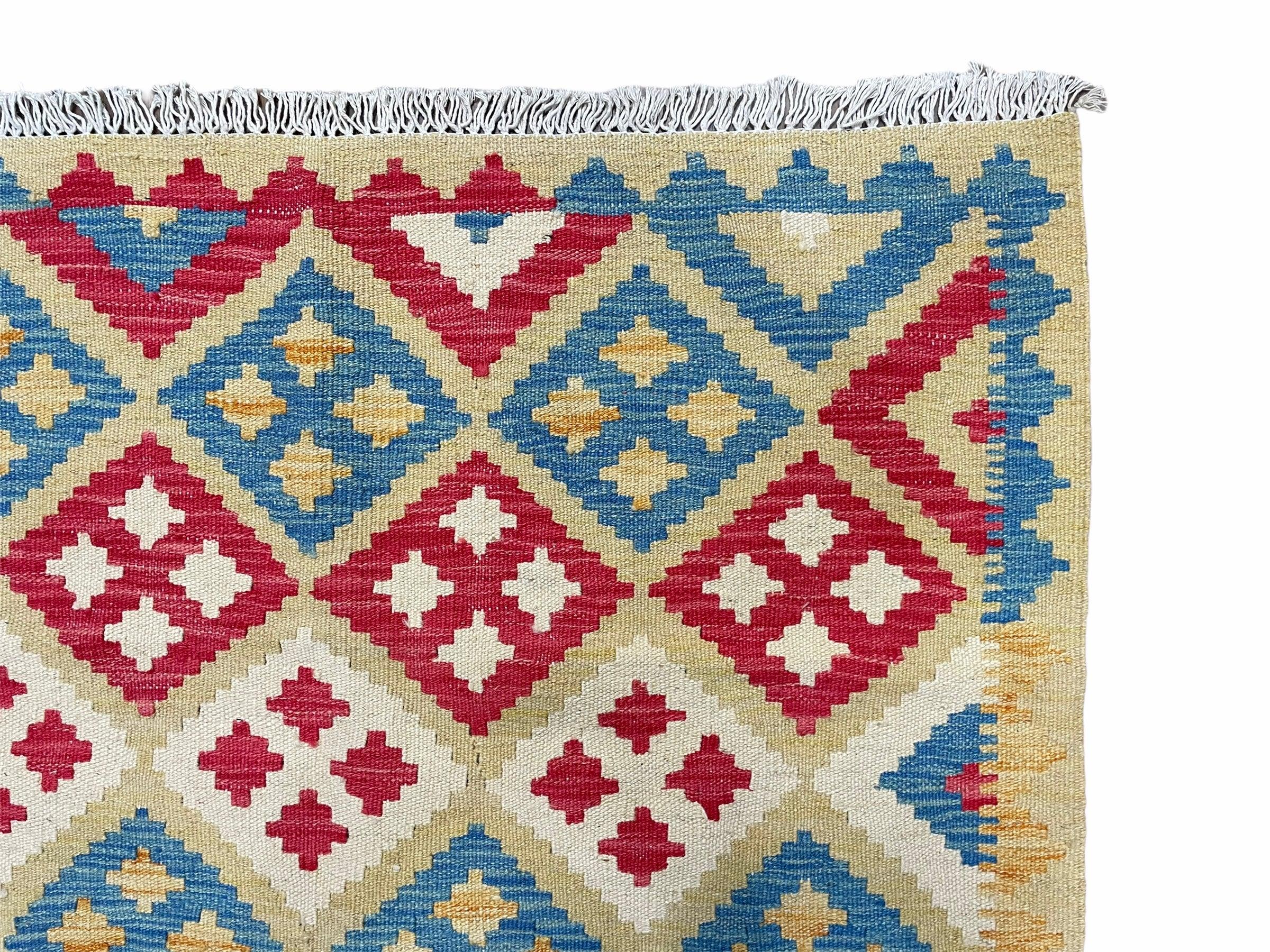 3x5 Kilim Rug Multicolor Tribal Kilim Rug 3 x 5 Tan Light Blue Red Beige New Turkish Anatolian Wool Kilim Flatweave Rug - Jewel Rugs