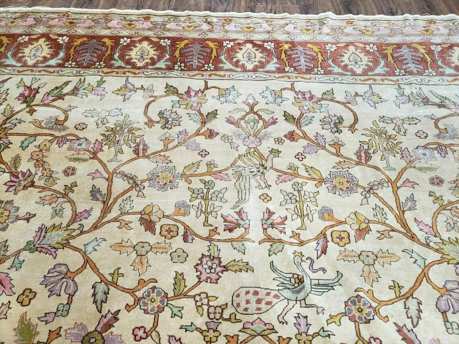 12' X 15' Antique Handmade Indo Larastan Birds Peacocks Animal Pictorial Wool Rug Oriental Carpet Oatmeal Color - Jewel Rugs