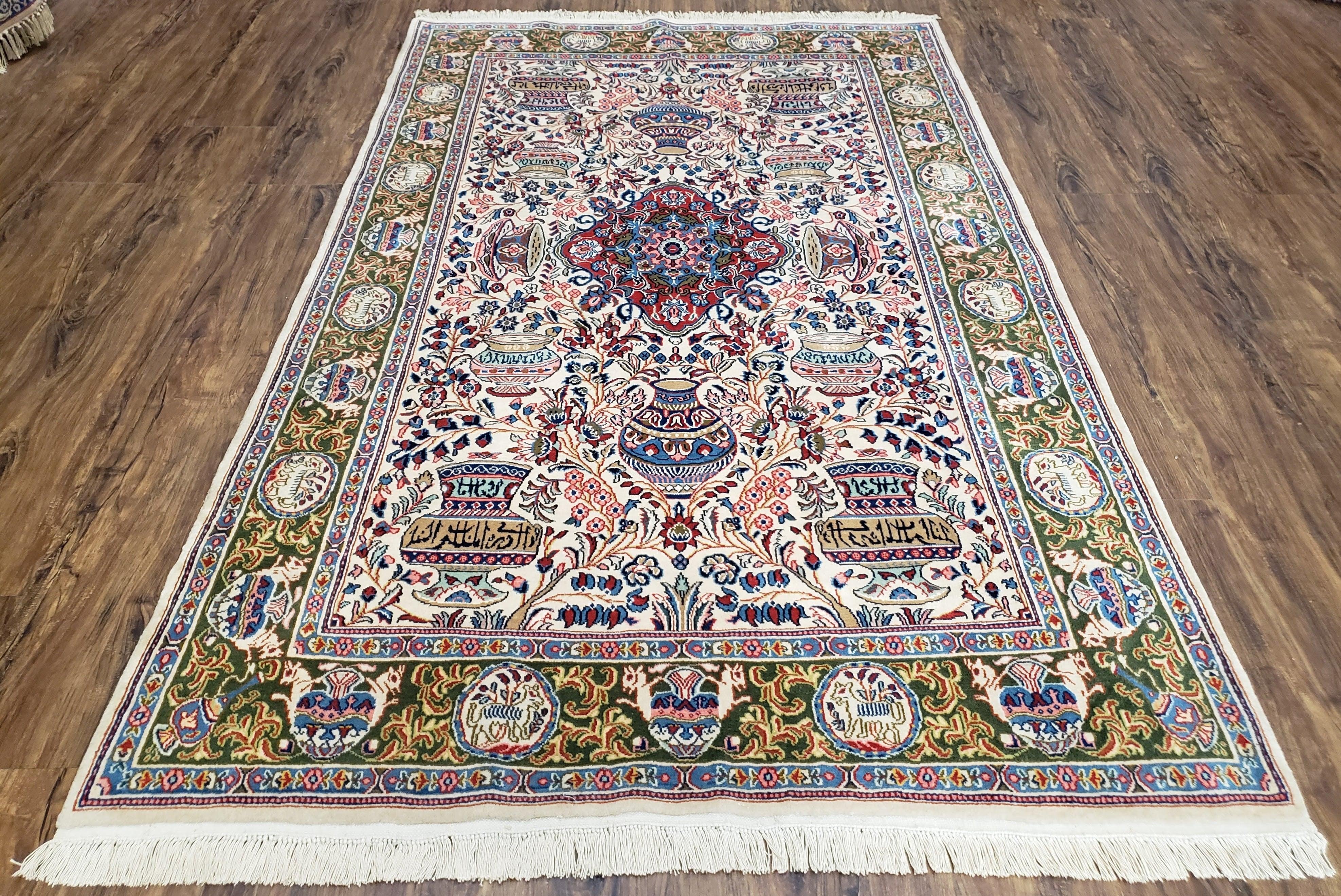 Vintage Persian Ghom Kashmar Rug, Ivory, Wool, Hand-Knotted, 4' 2" x 6' 8" - Jewel Rugs