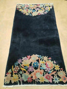 2' 6" X 5' Antique Handmade Chinese Art Deco Peking Wool Accent/Throw Rug - Black Rug with Flower Design - Jewel Rugs