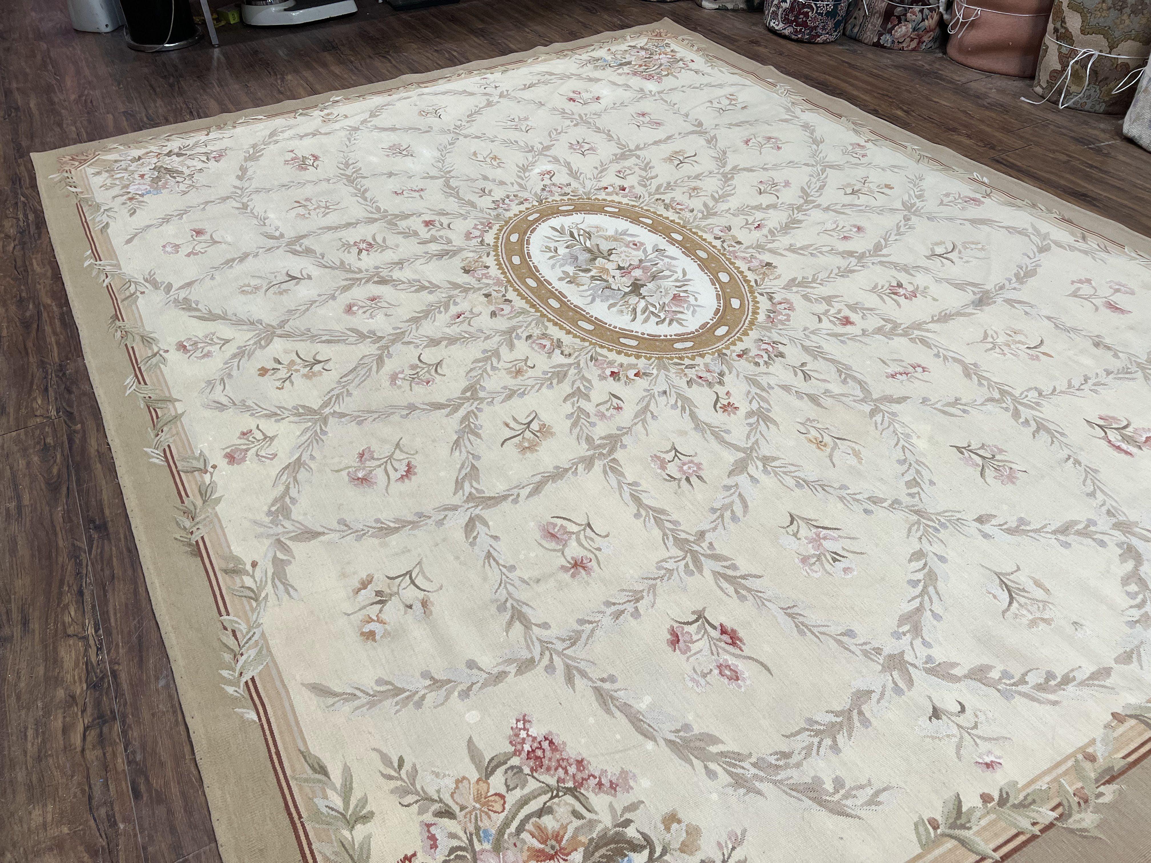 Aubusson Rug 8x10 Vintage Rug 8 x 10 Wool Carpet, Flatweave Rug, European Design, Hand Woven, Floral Bouquets, Elegant Rug for Living Room - Jewel Rugs