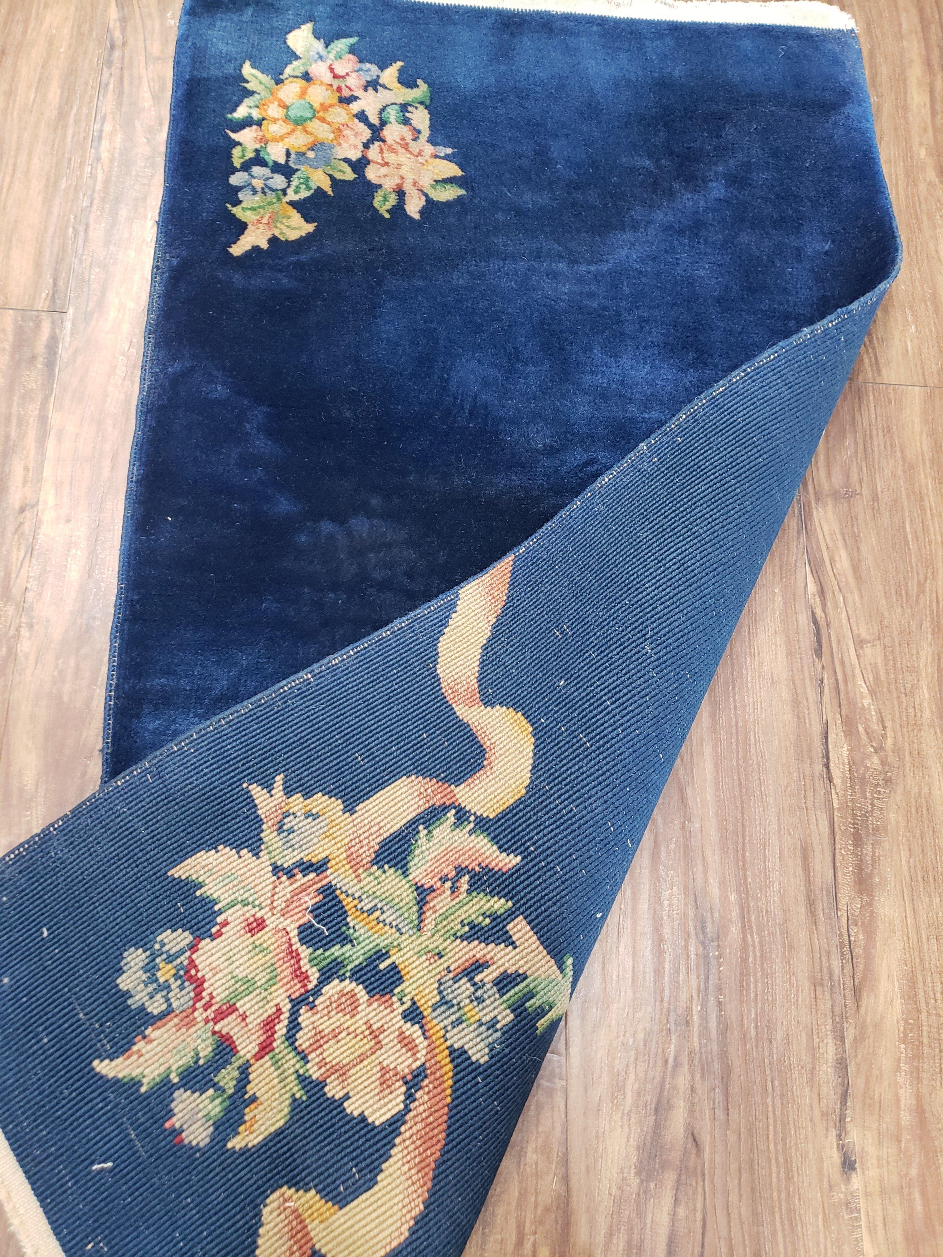 Antique Chinese Art Deco Accent Rug, Blue Art Deco Carpet, Small Chinese Rug, Flowers, Hand Knotted, Pair B, 2x4 Rug, Wool Rug Vintage Asian - Jewel Rugs