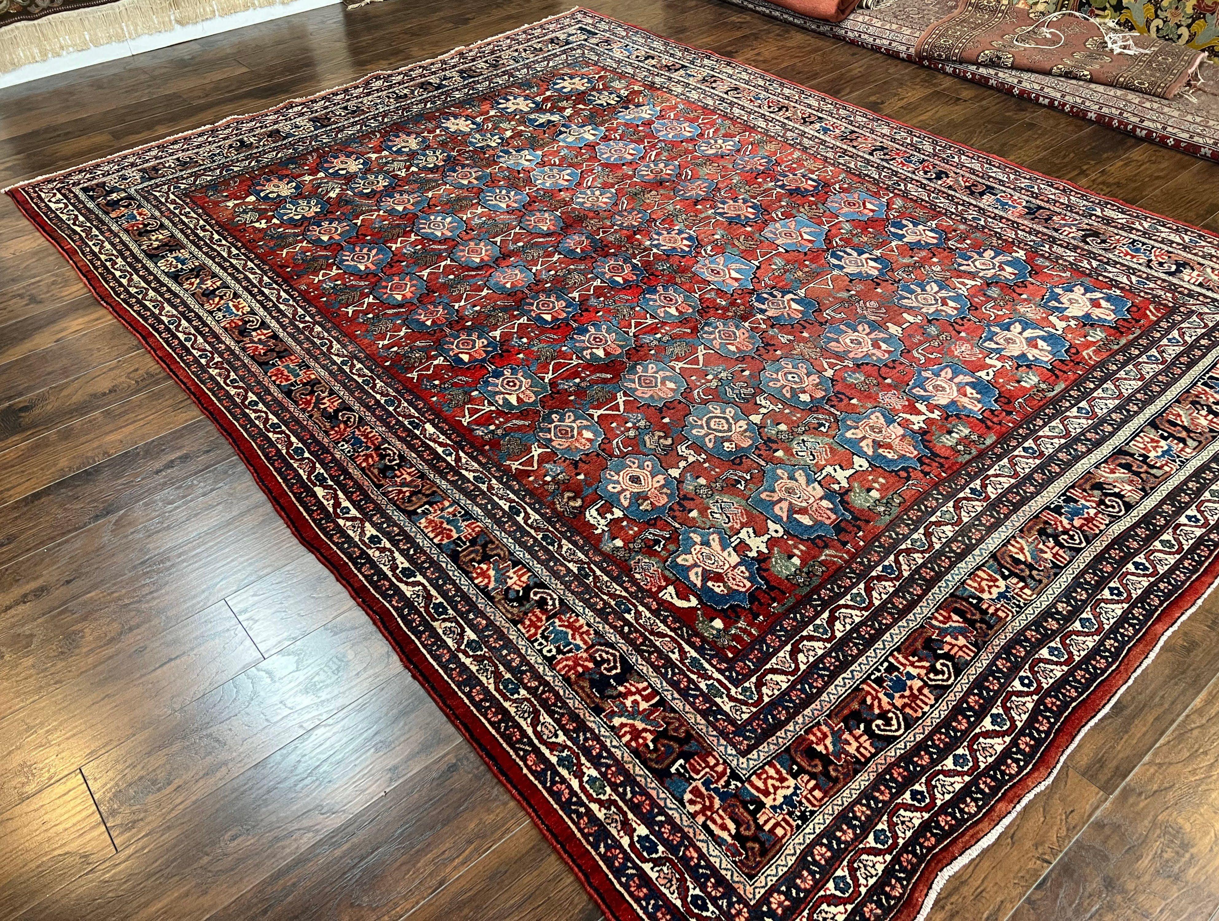 Beautiful Persian Bidjar Rug 9x12, Allover Repeated Motif 9 x 12 ft, Red Blue Cream, Hand Knotted Wool Bijar Oriental Carpet, 1950s Semi Antique Vintage - Jewel Rugs