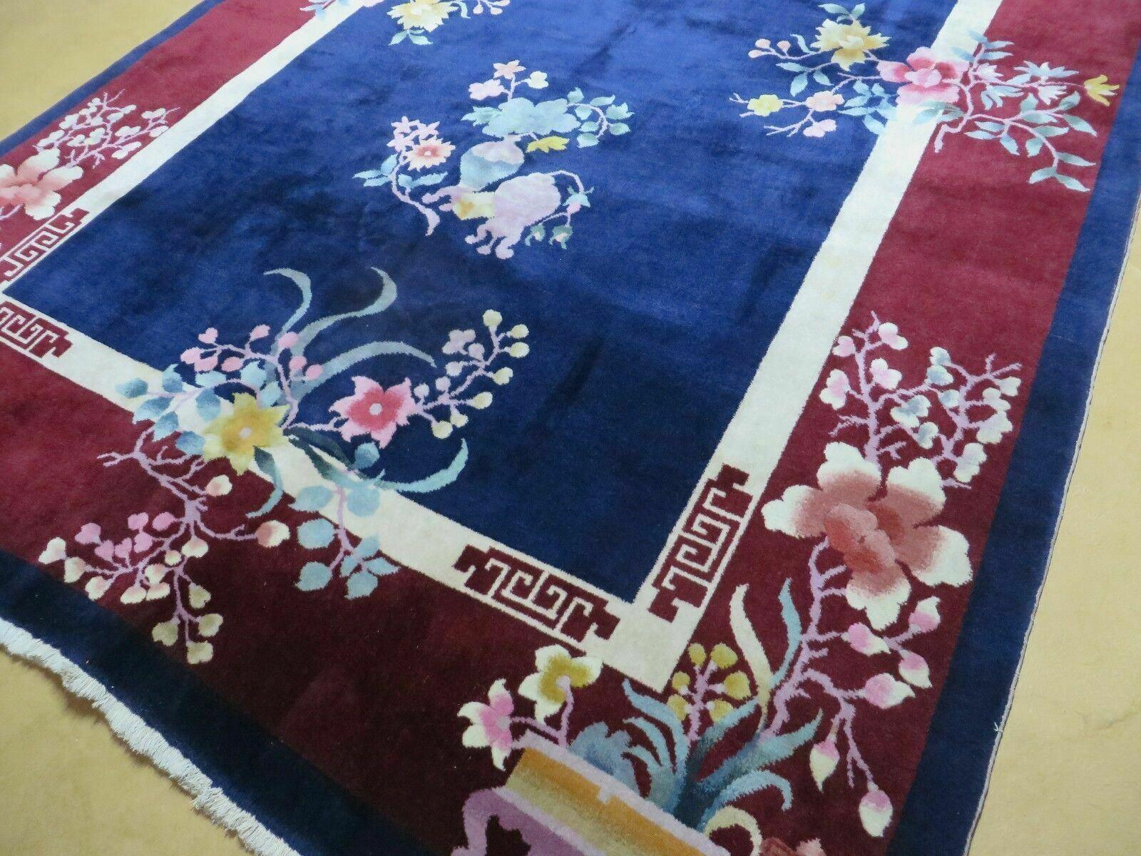 6' X 9' Vintage Handmade Art Deco Chinese Rug Peking Flowers Floral Blue Nice - Jewel Rugs