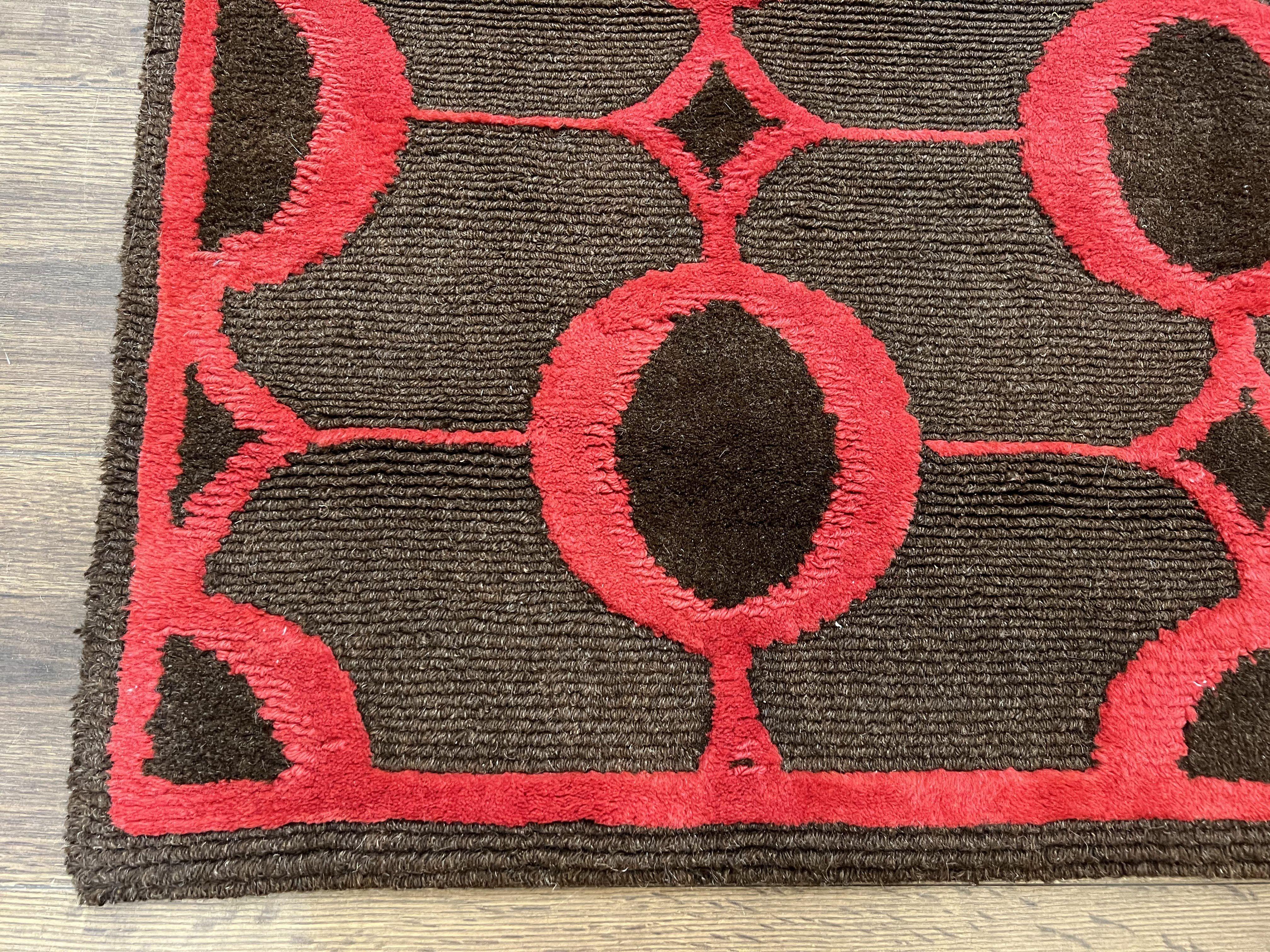 Modern Tibetan Rug 3.8 x 5.7, Raspberry Red and Dark Brown, Abstract Circle Design, Hand Knotted, Soft Wool Handmade Tibet Nepali Carpet 4x6 - Jewel Rugs