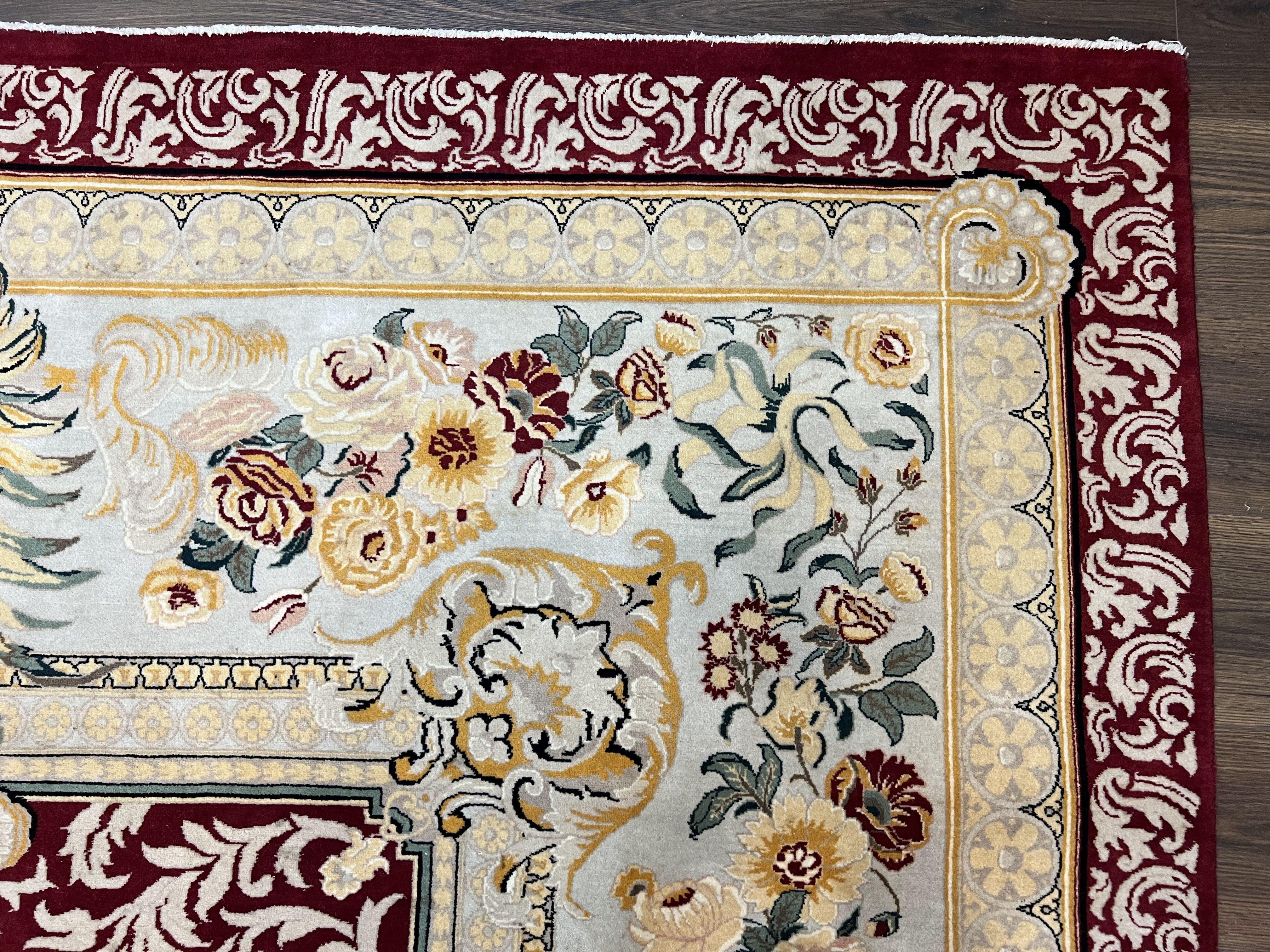 Aubusson Savonnerie Rug 9x12, Vintage French Aubusson Wool Carpet 9 x 12, Burgundy Light Blue Gold, Handmade with Pile Elegant Floral Rug - Jewel Rugs