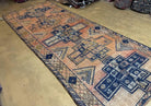 Persian Gabbeh Runner Rug 4.4 x 11, Antique Hand Knotted Wool Tribal Wide Oriental Runner, Salmon and Navy Blue, Geometric Medallions - Jewel Rugs