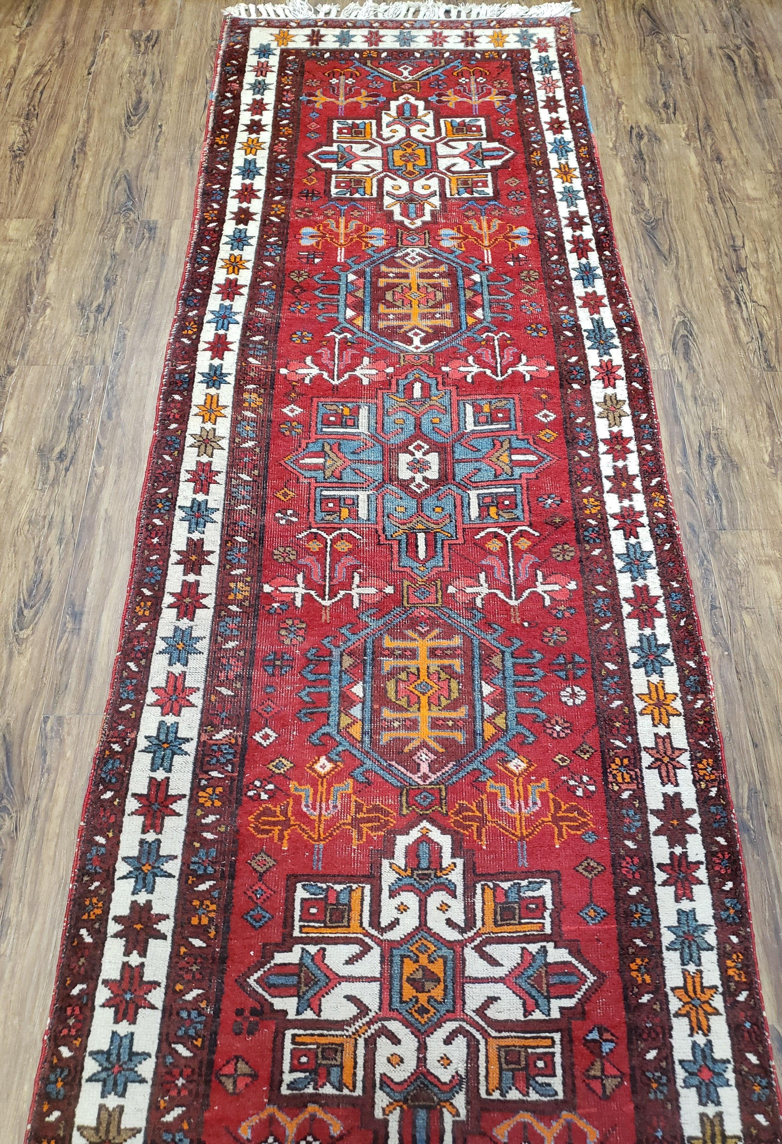 Antique Persian Heriz Karajeh Runner Rug, Red, Hand-Knotted, Wool, 3' 3" x 10' 11" - Jewel Rugs