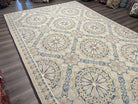 Large Wool Needlepoint Rug 10x14, Vintage Chinese Needlepoint Carpet 10 x 14, Diamond Panel, Room Sized Flatweave Rug, Handwoven Beige Blue - Jewel Rugs