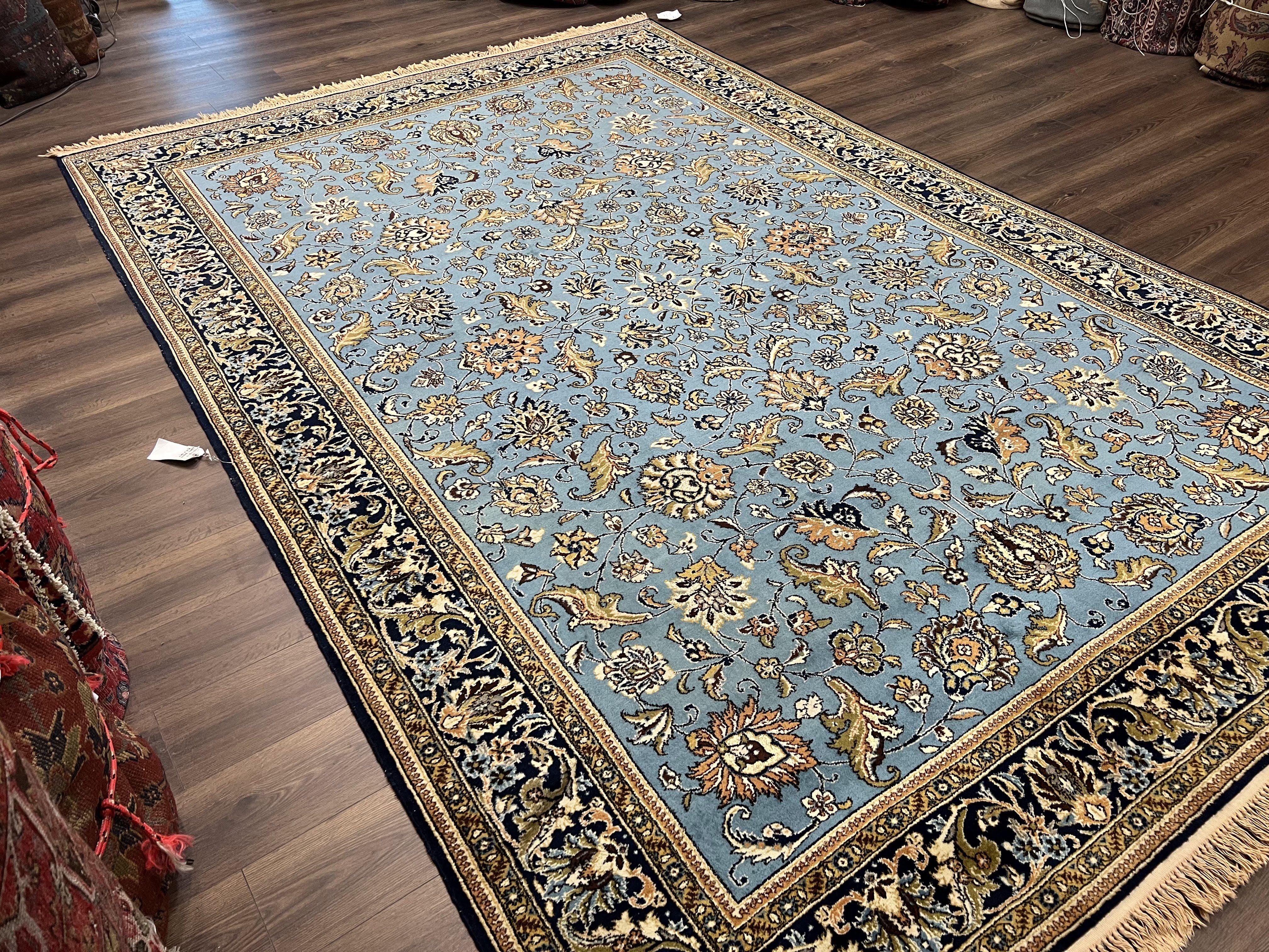 Marvelous Light Blue Persian Qum Rug 9x12, Top Quality Floral Allover Semi Antique Hand Knotted Authentic Ghom Qom Persian Carpet 9x12, Wool & Silk Highlights - Jewel Rugs