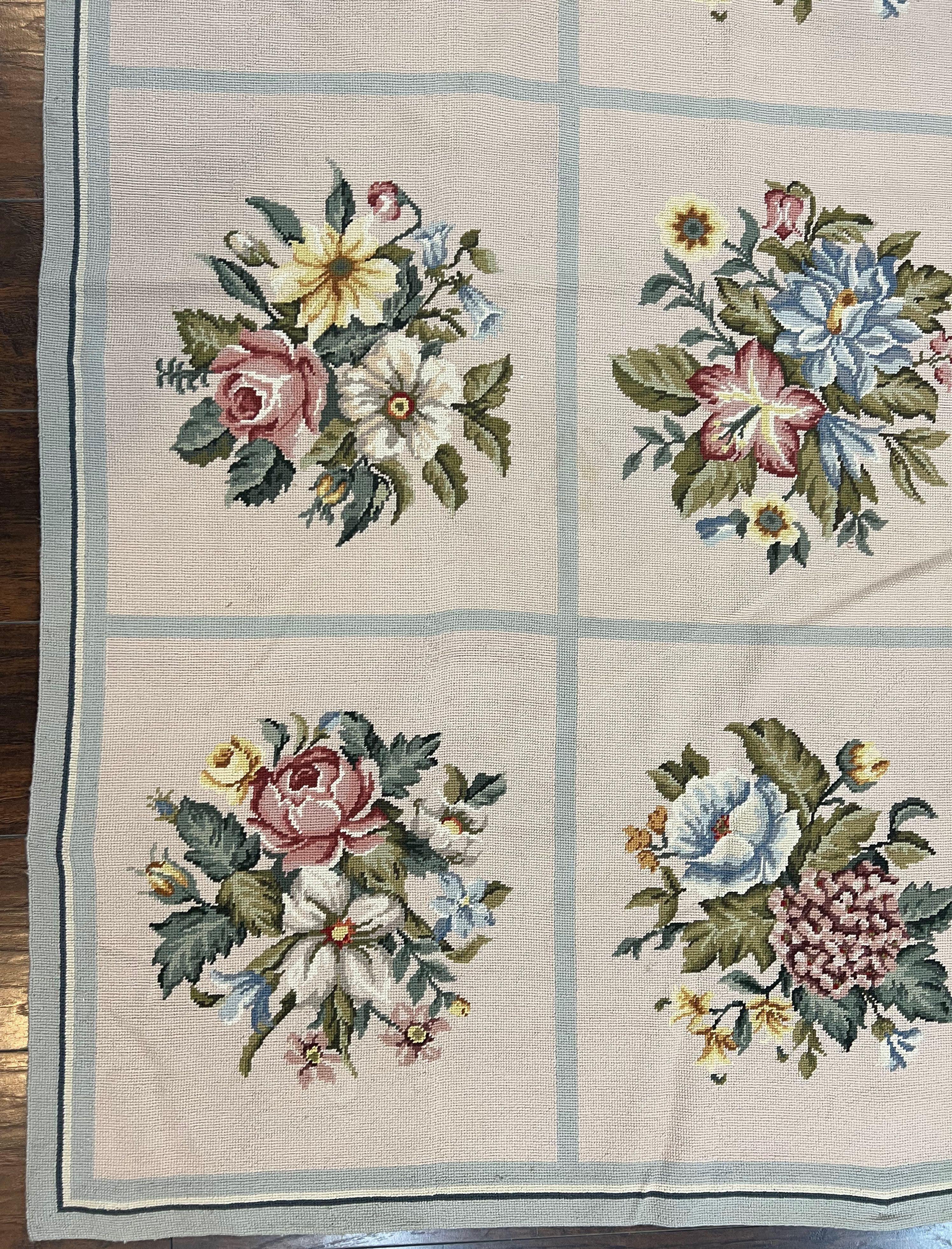 Needlepoint Rug 9x12, Panel Design, Cream and Light Blue, Floral Bouquets, Wool Flatweave Vintage Needlepoint Carpet 9 x 12 ft, Elegant Rug - Jewel Rugs