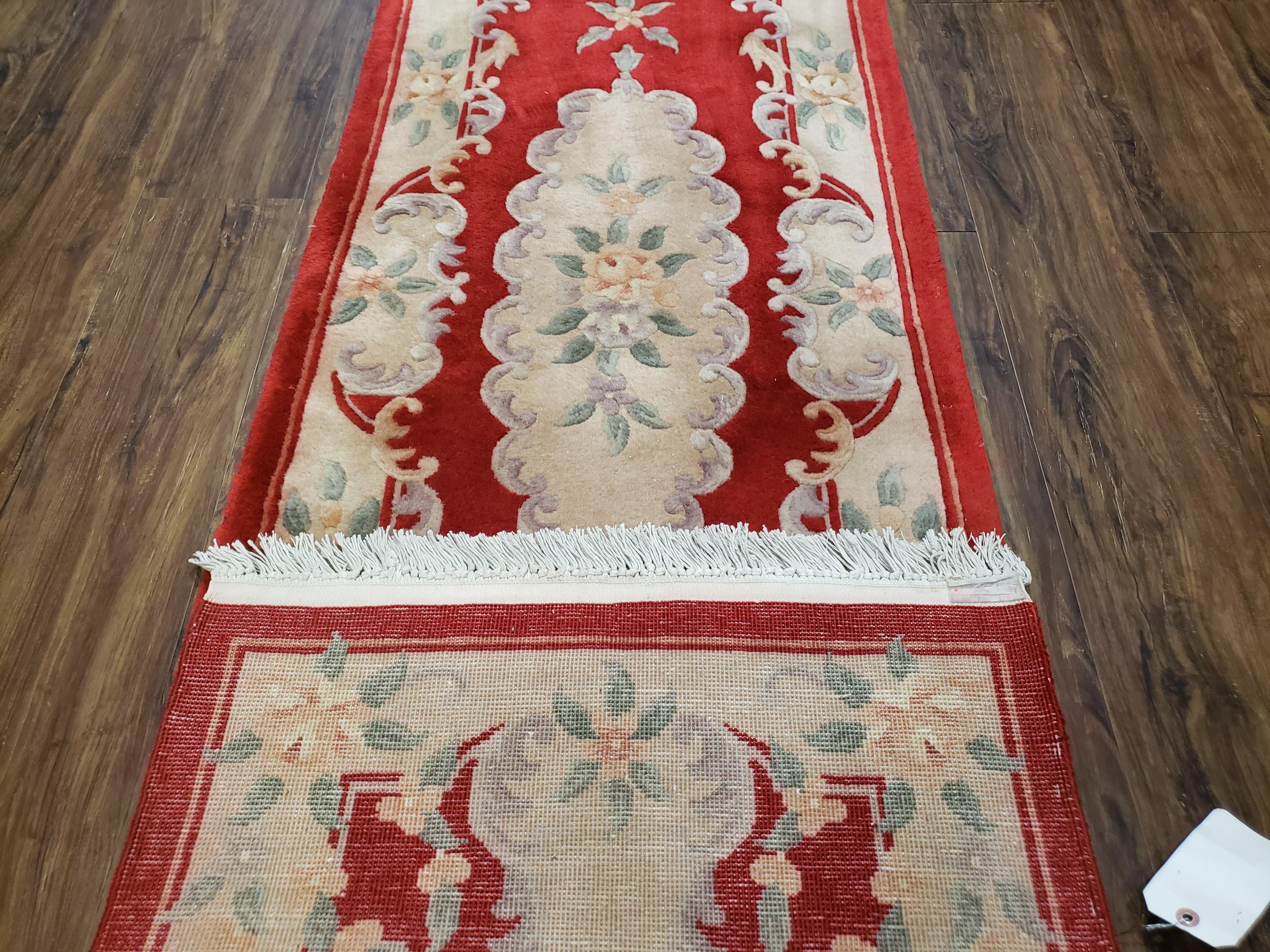 Vintage Chinese Carving Runner Rug 2'4" x 10', Wool Hand-Knotted Red & Beige Asian Art Deco Oriental Carpet, 10ft Soft Hallway Runner Rug - Jewel Rugs