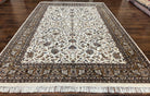 Indo Kirman Rug 8x12 Allover Floral Design, Ivory/Cream Brown, Vintage Handmade Hand Knotted Rug, Traditional Wool Persian Carpet 8 x 12 - Jewel Rugs