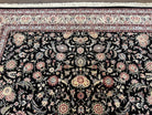 Pak Persian Rug 9x12, Floral Allover, Hand Knotted Oriental Carpet 9 x 12 ft, Black and Cream, Detailed, Wool with Silk Highlights, Vintage - Jewel Rugs