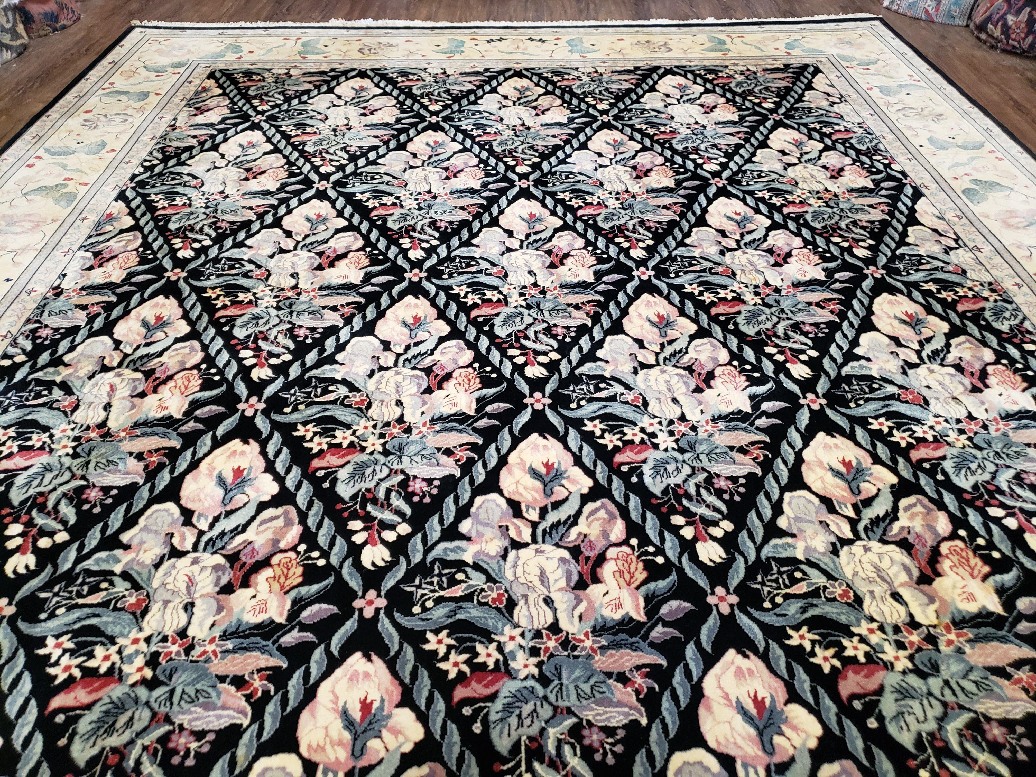 Black Kirman Rug, 8x11 - 9x12 Rug, Sino-Persian Rug, Floral Oriental Carpet, Handmade Rug, Black and Ivory Rug, Room Sized Area Rug, Wool - Jewel Rugs