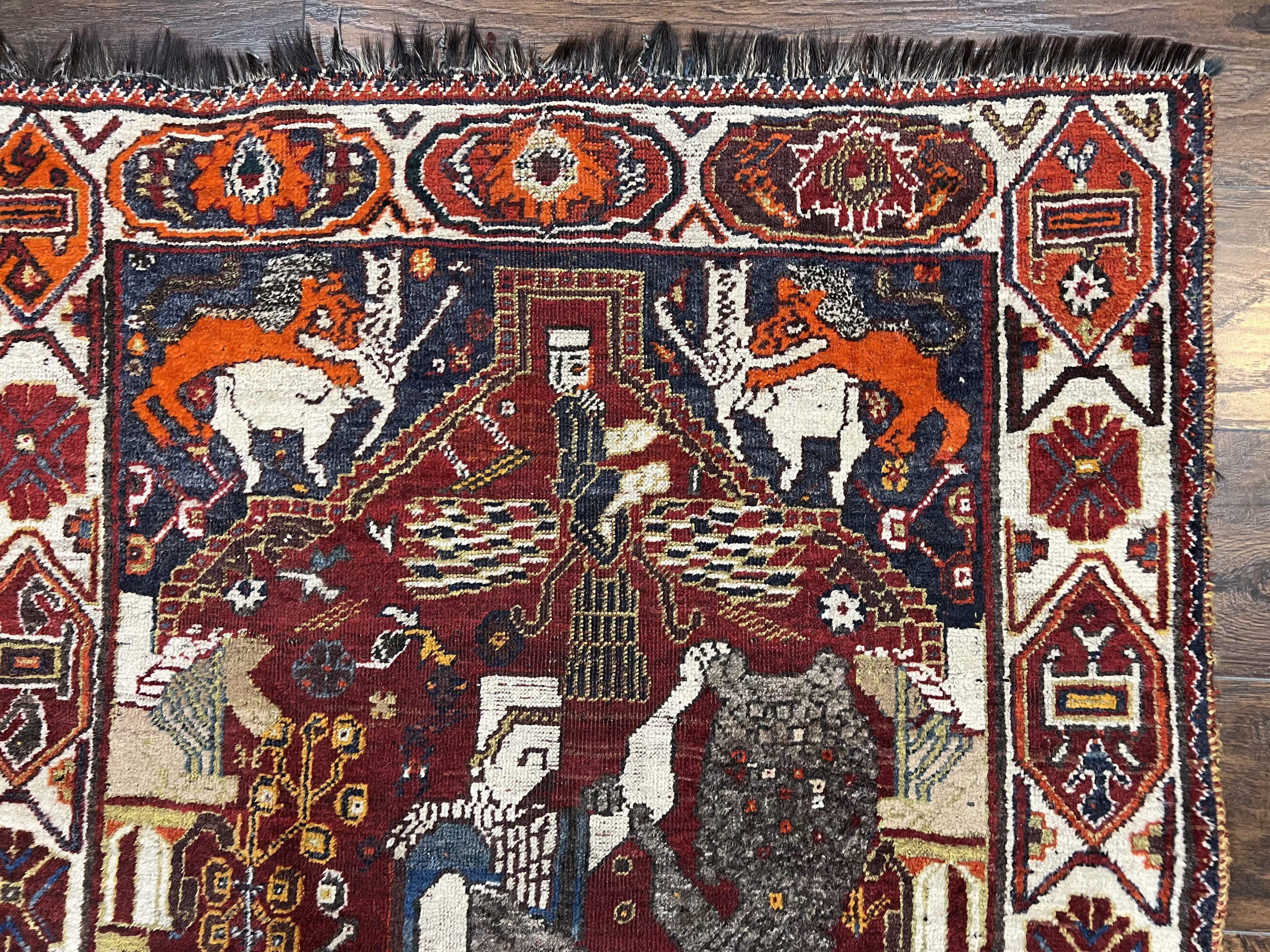 Antique Persian Shiraz Pictorial Rug 3.6 x 5, Persian Tribal Rug, Handmade, Lions, Highly Unique Collectible Small Persian Carpet, Maroon, Wool - Jewel Rugs