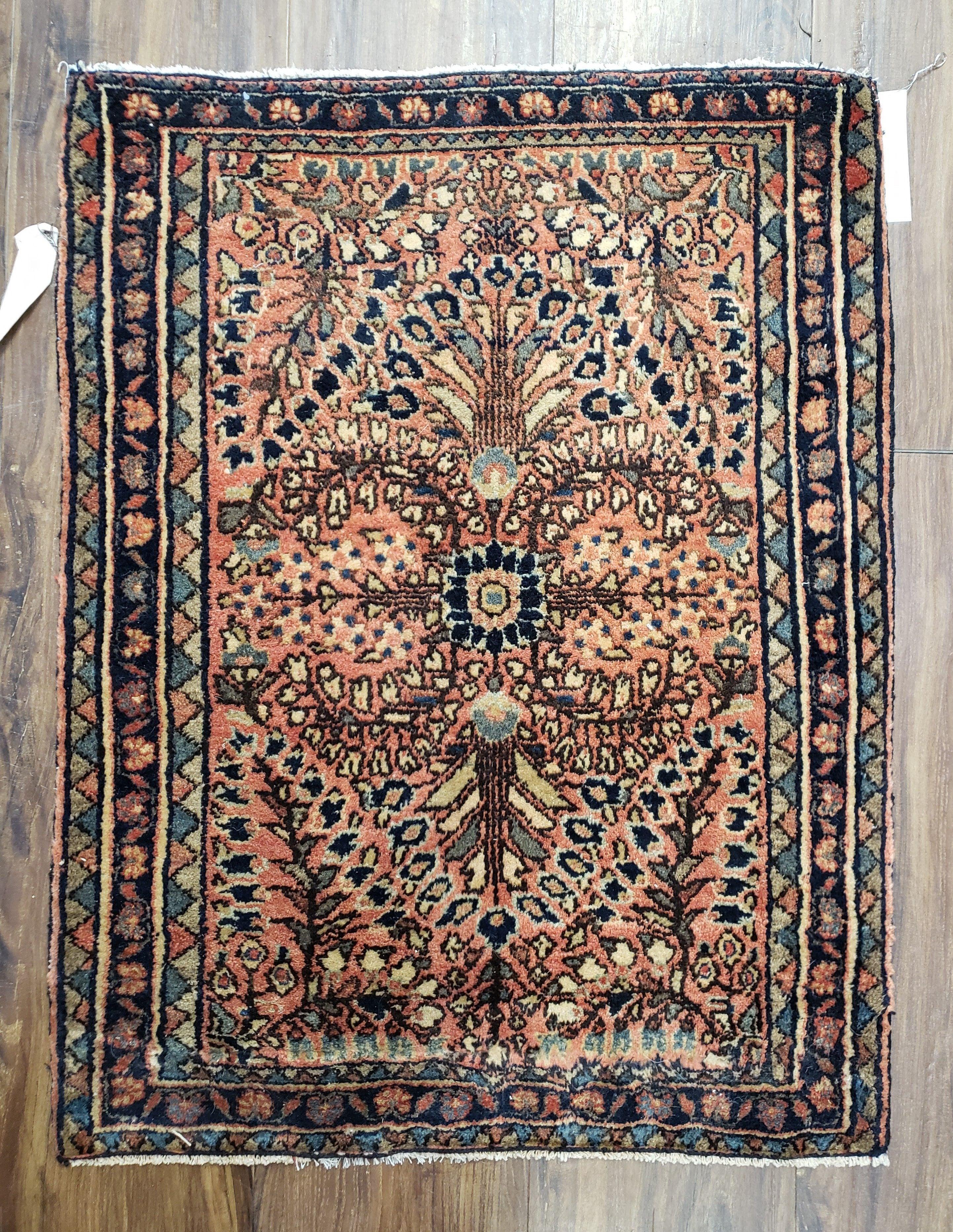 Antique Persian Sarouk Rug, Hand-Knotted, Red & Dark Blue, Wool, 1'11" x 2' 6" - Jewel Rugs