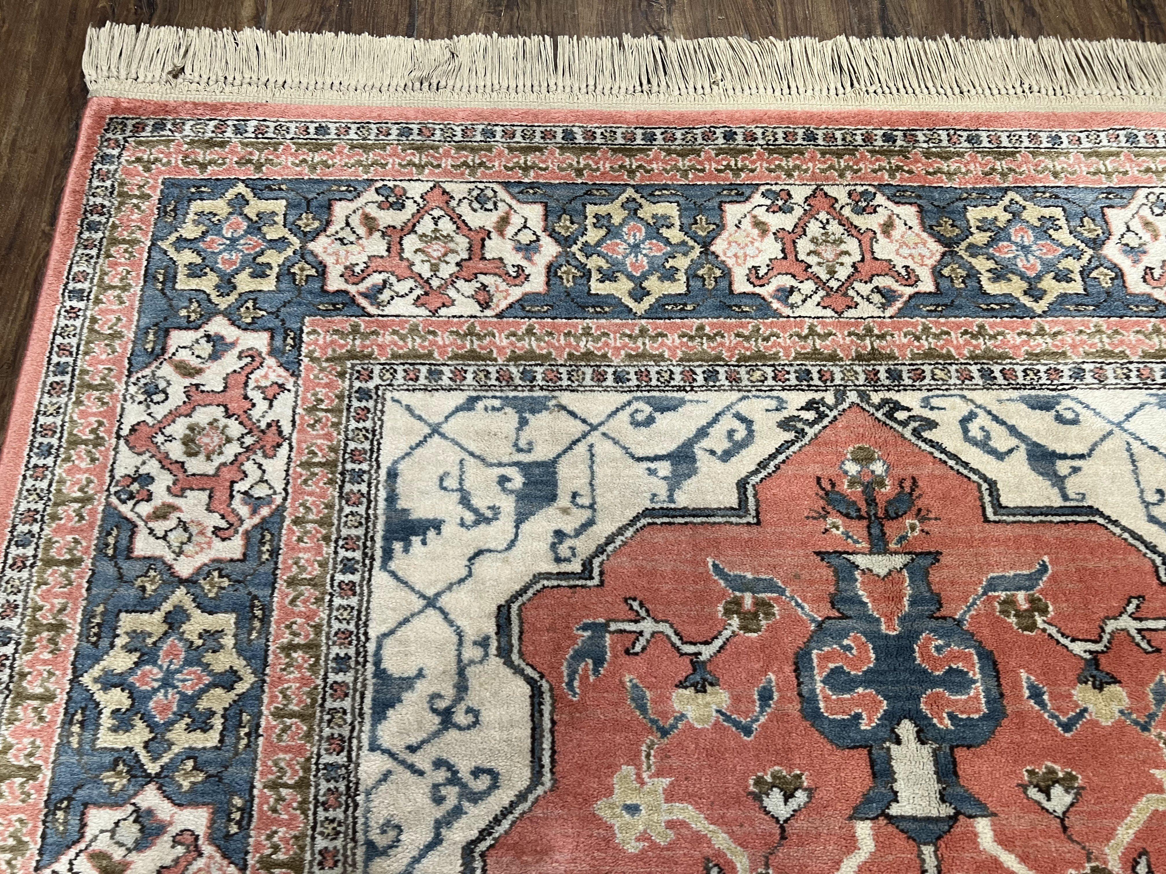 Karastan Rug 5.9 x 9 Bergama Design #737, Wool Karastan Area Rug, Vintage Carpet 6x9, Original Collection 700 Series, Salmon Red Light Blue - Jewel Rugs