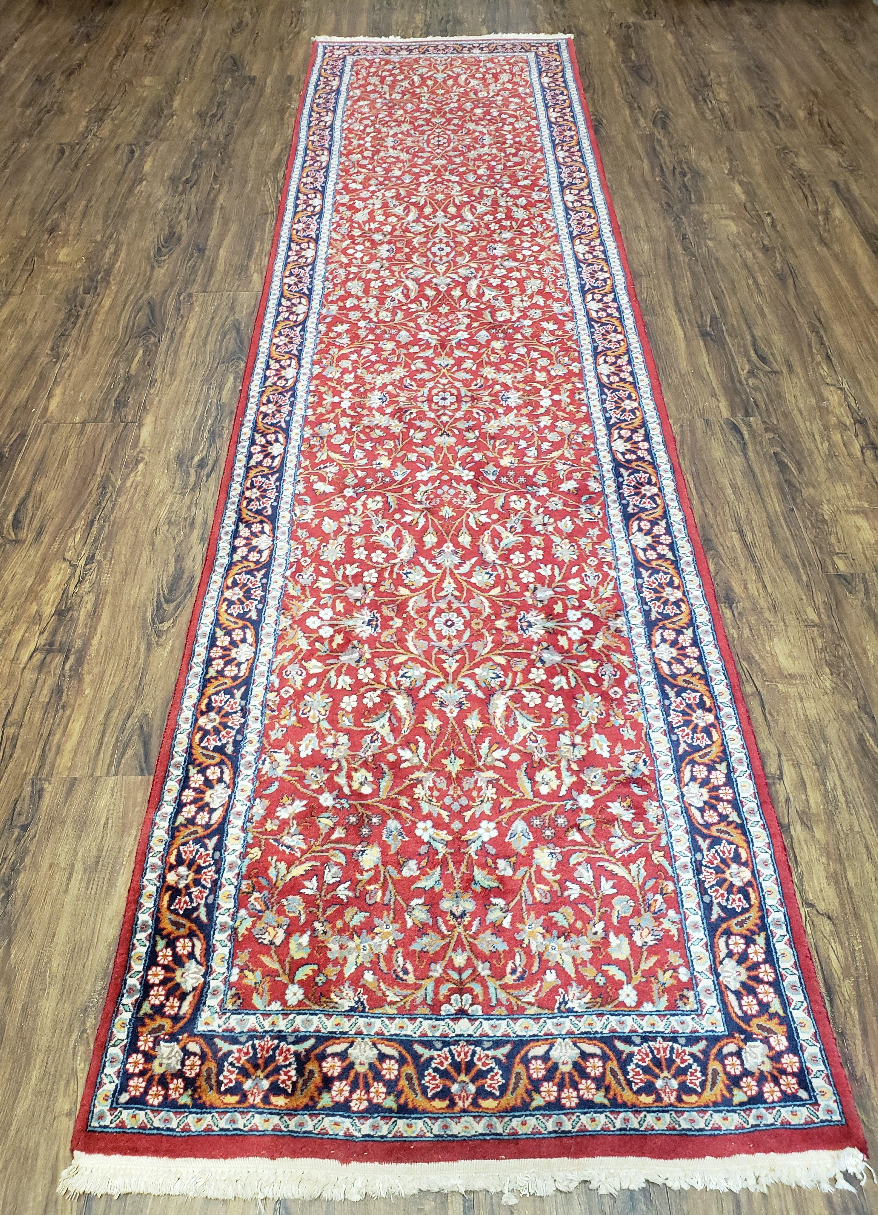 Antique Persian Sarouk Vintage Runner Rug, 2' 7" x 10' 3", Red with Dark Blue Floral Design - Jewel Rugs