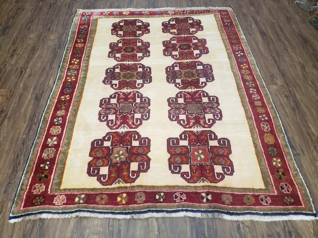 Vintage Persian Gabbeh Rug, Dark Red & Cream, Hand-Knotted, 5' x 6' 4" - Jewel Rugs